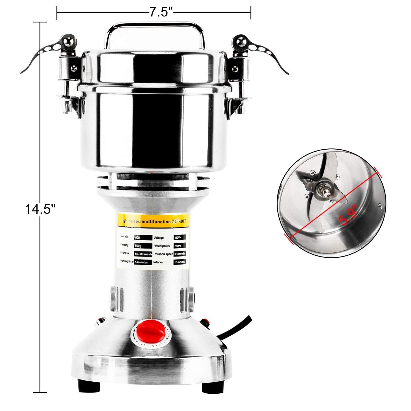 DasMarine 500g High Speed Electric Grain Mill Grinder - Commercial Stainless Steel Spice Grinder with 2500W Motor, 50-300 Mesh, 36000RPM - Ideal for Kitchen Herb, Spice, and Pepper Grinding (500g)