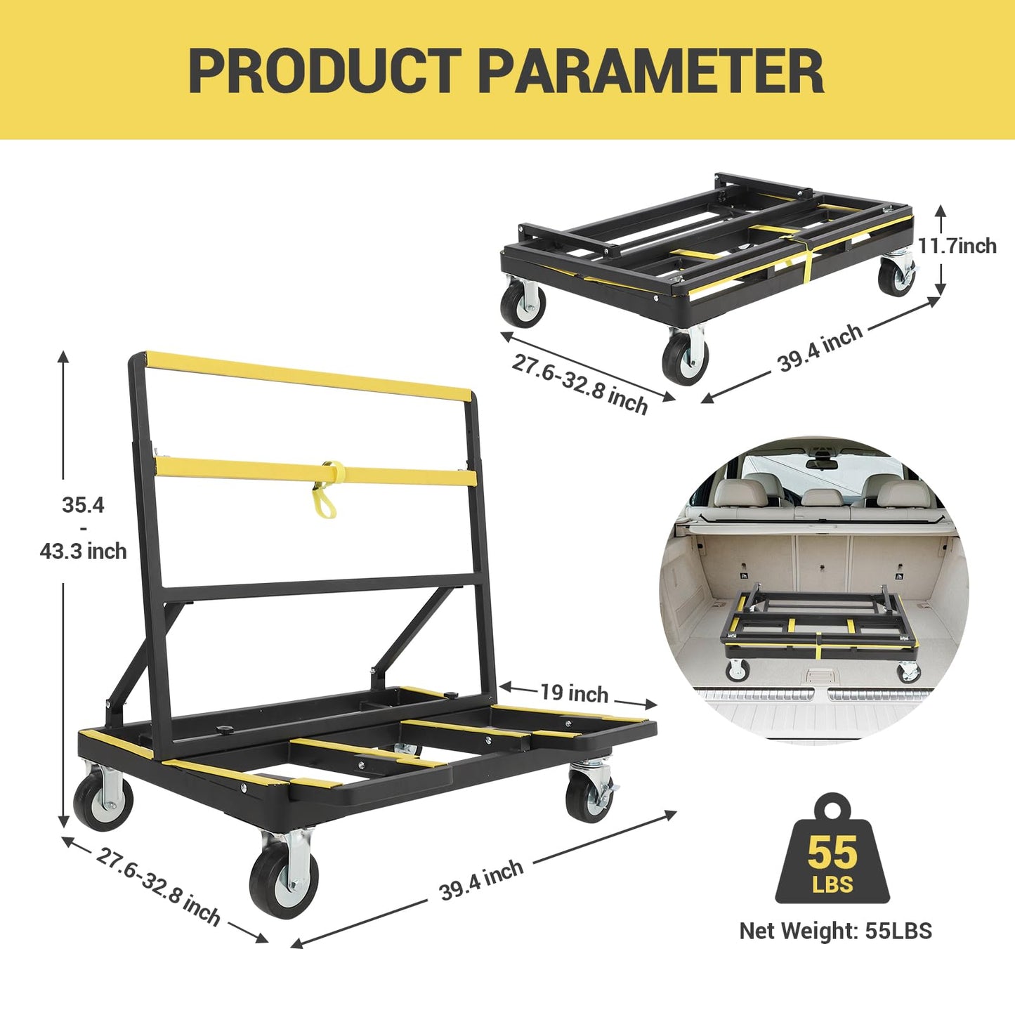 Heavy Duty Folding Drywall Cart, 2200 LBS Capacity Panel Dolly with Extendable Deck & 4 Swivel Casters for Handling Sheetrock, Plywood, Lumber, and Wall Panels
