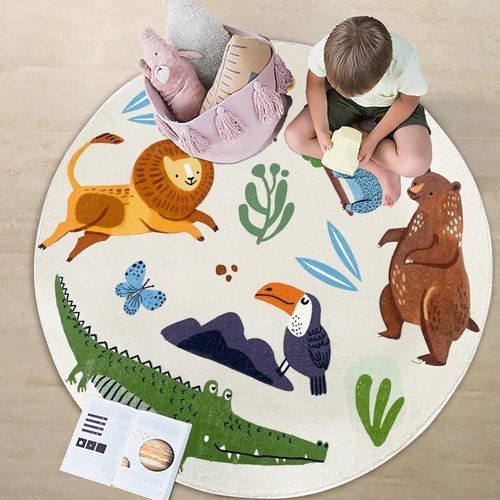 Lacomfy Kids Play Mat Jungle Rug Circle Animal Carpet 4Ft Round Zoo Bedroom Area Rug for Boys Girls Nursery Decor Soft Playroom Throw Rug Floor Mat Kids Room Bedroom