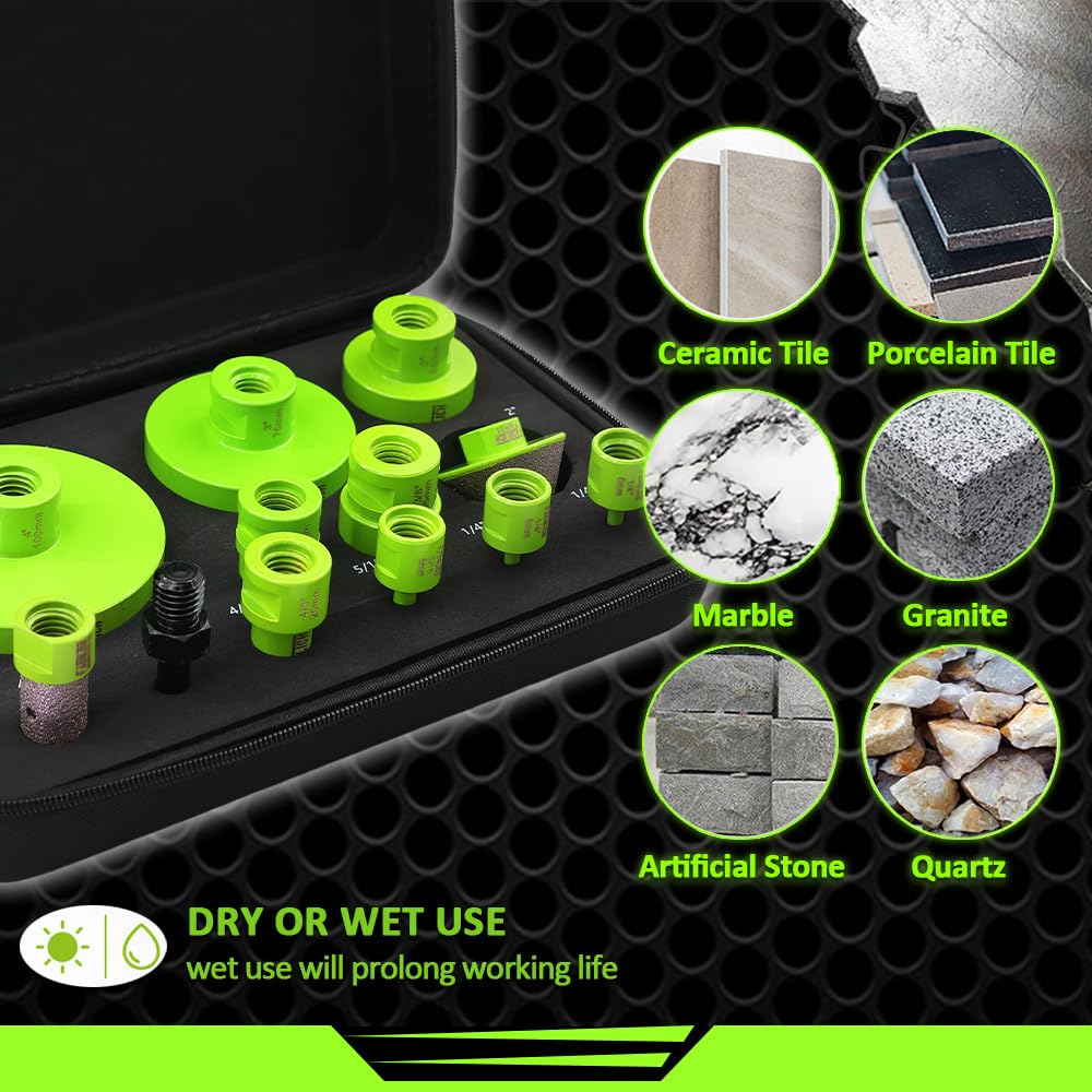 Mini 3 inch Diamond Blades - FACHLICH Cutting Disc and FACHLICH Tile Hole Saw Kit - 12pcs Diamond Core Drill Bits Set 1/4" 5/16" 4/5" 1" 1-3/8" 2" 3" 4" with 4/5" Finger Bit 2" Beveling Chamfer Bit