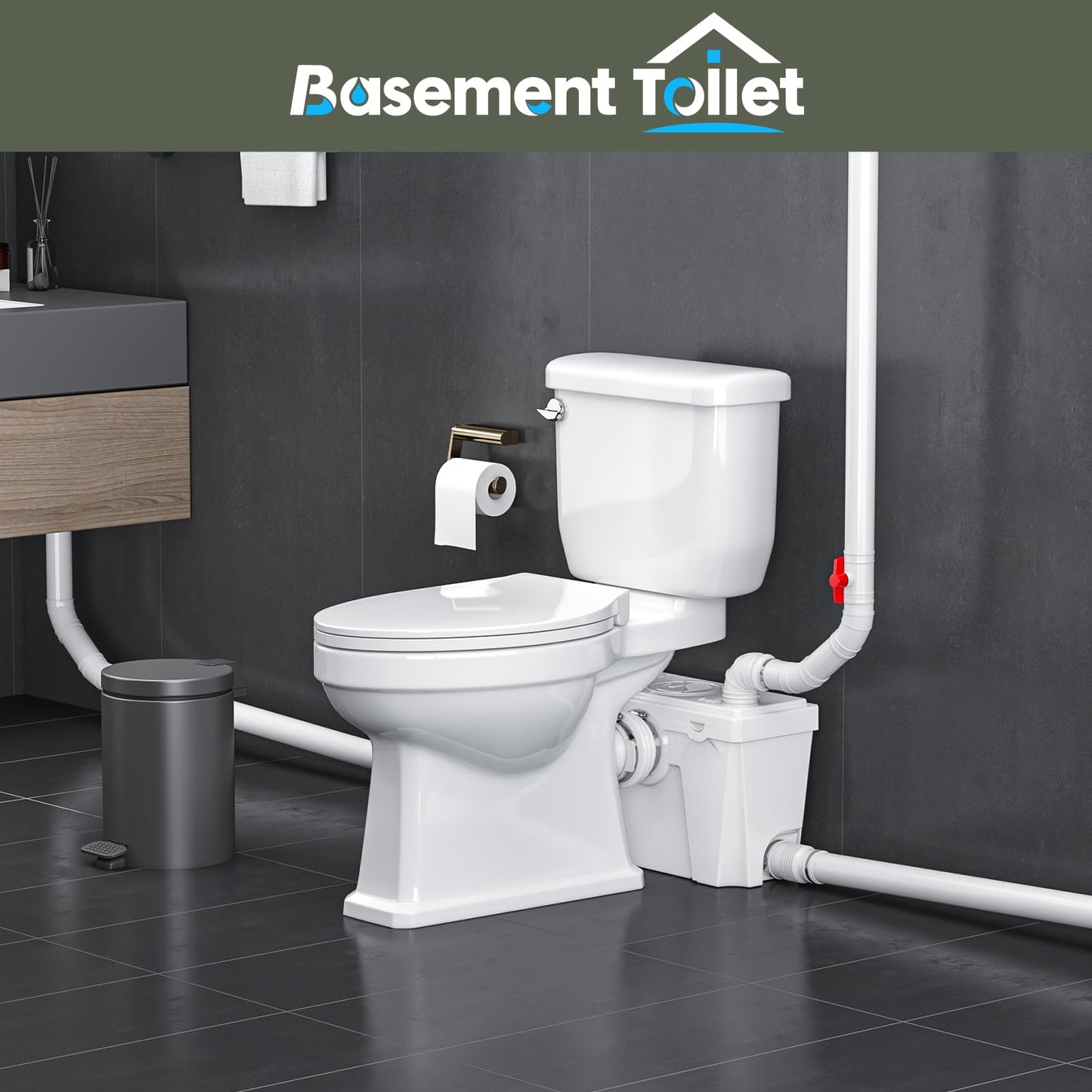 Macerating Toilet with 4 Water Inlets – Upflush Toilet System with Macerator Pump for Basement, Bathroom, Kitchen, and RV Installation – Round Bowl Toilet with Tank & Extension Pipe