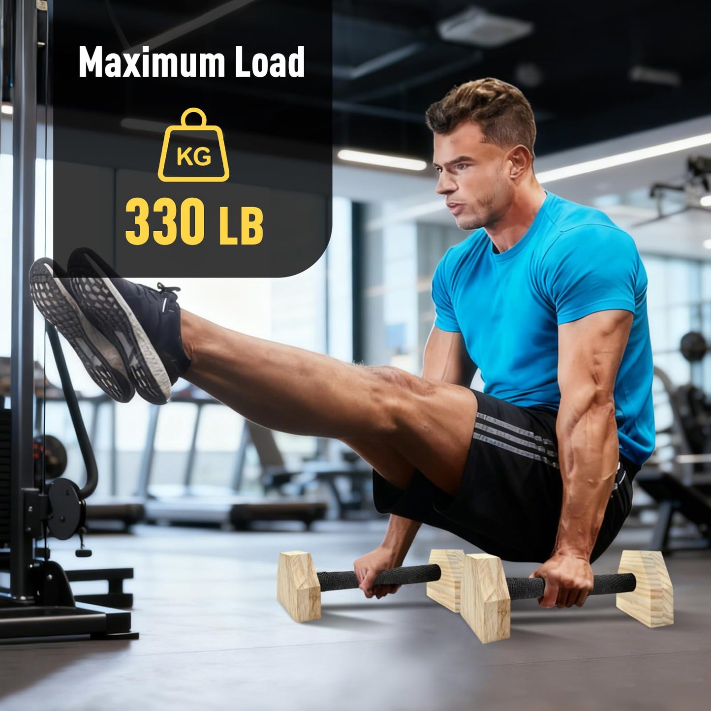 KISENG Push-up Stand, 9.84 in Wooden Parallettes Bars for Handstand Training, Solid Push Up Bars & Calisthenics Bar, with Non-Slip strap, Exercise Home Workout Equipment for Men Strength Training
