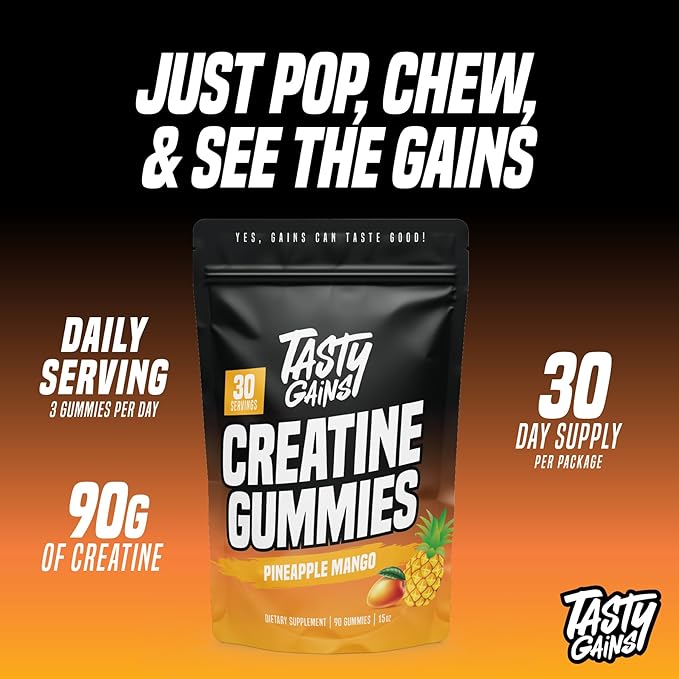 Creatine Gummies - 90g of Creatine Monohydrate - Workout Supplements - Build Muscle & Boost Strength for Men & Women - Made in USA - Non GMO - Vegan Friendly (Large, Pineapple Mango)