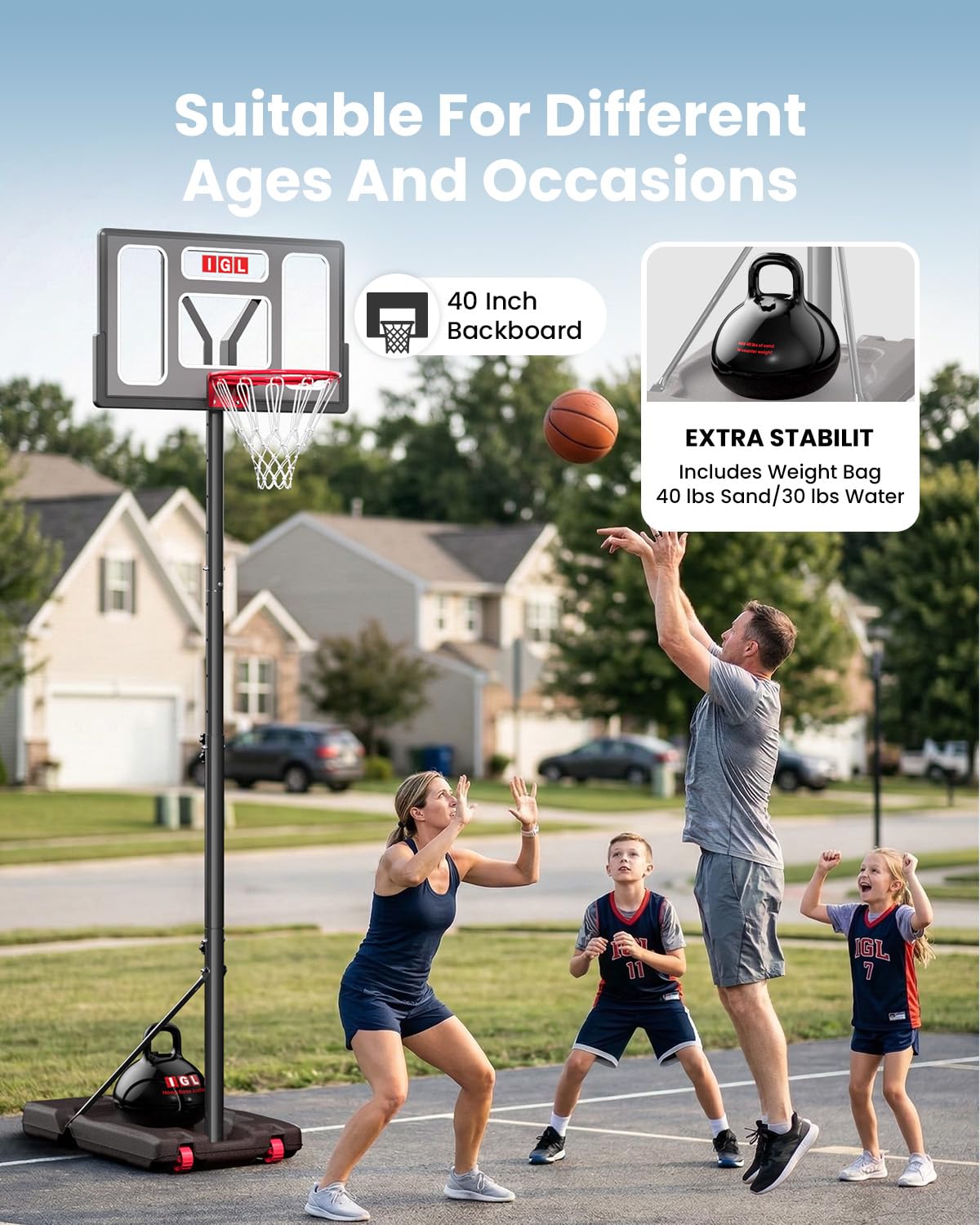 IGL Portable Basketball Hoop Outdoor, 3-10ft Adjustable Height, 40" Shatterproof Backboard, Fillable Base, Basketball Goal System for Driveway Backyard Pool, Fun for Family & All Ages