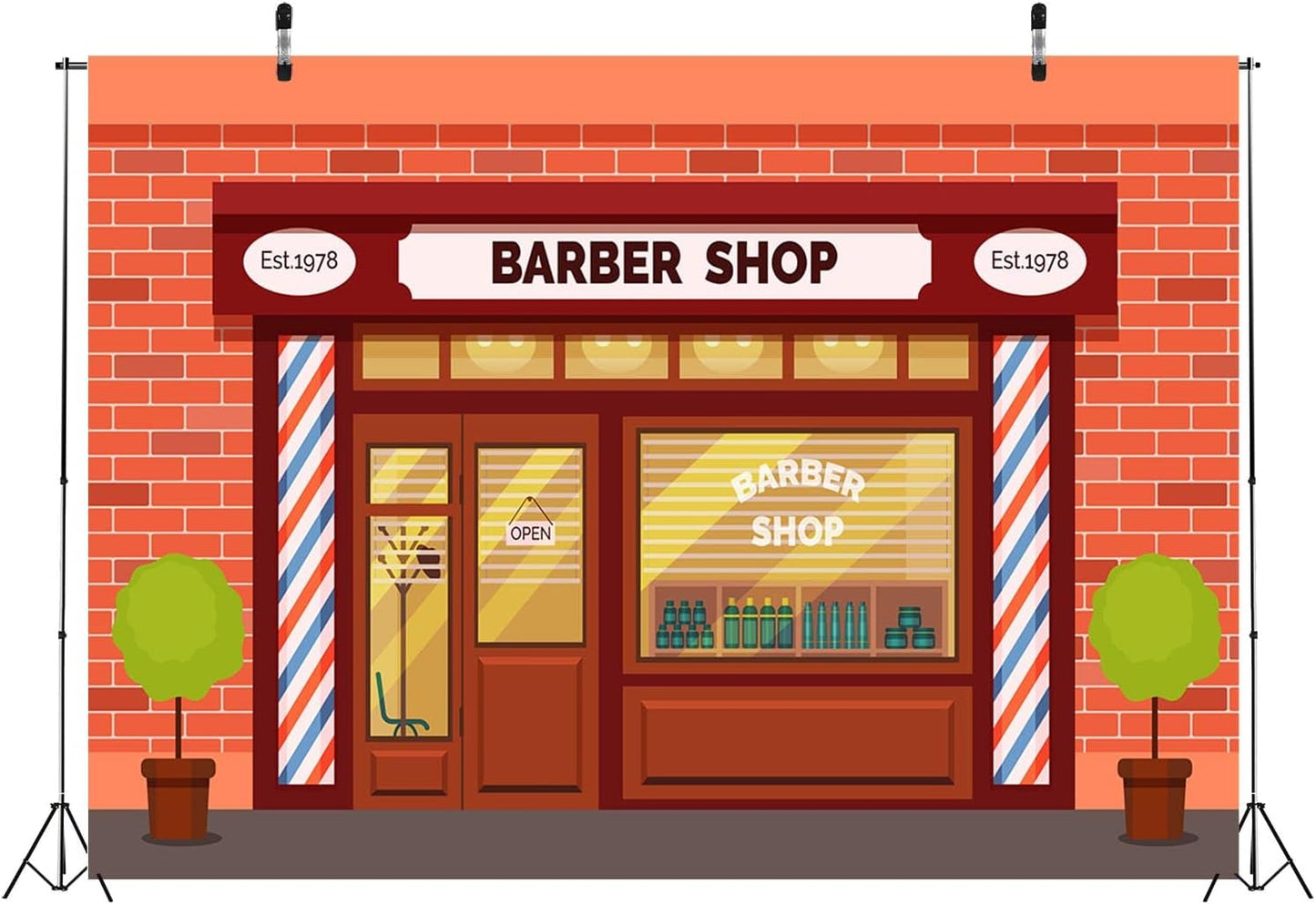 BELECO 5x3ft Fabric Cartoon Barber Shop Backdrop for Photography Red Brick Wall Hair Salon Hairstylist Haircut
