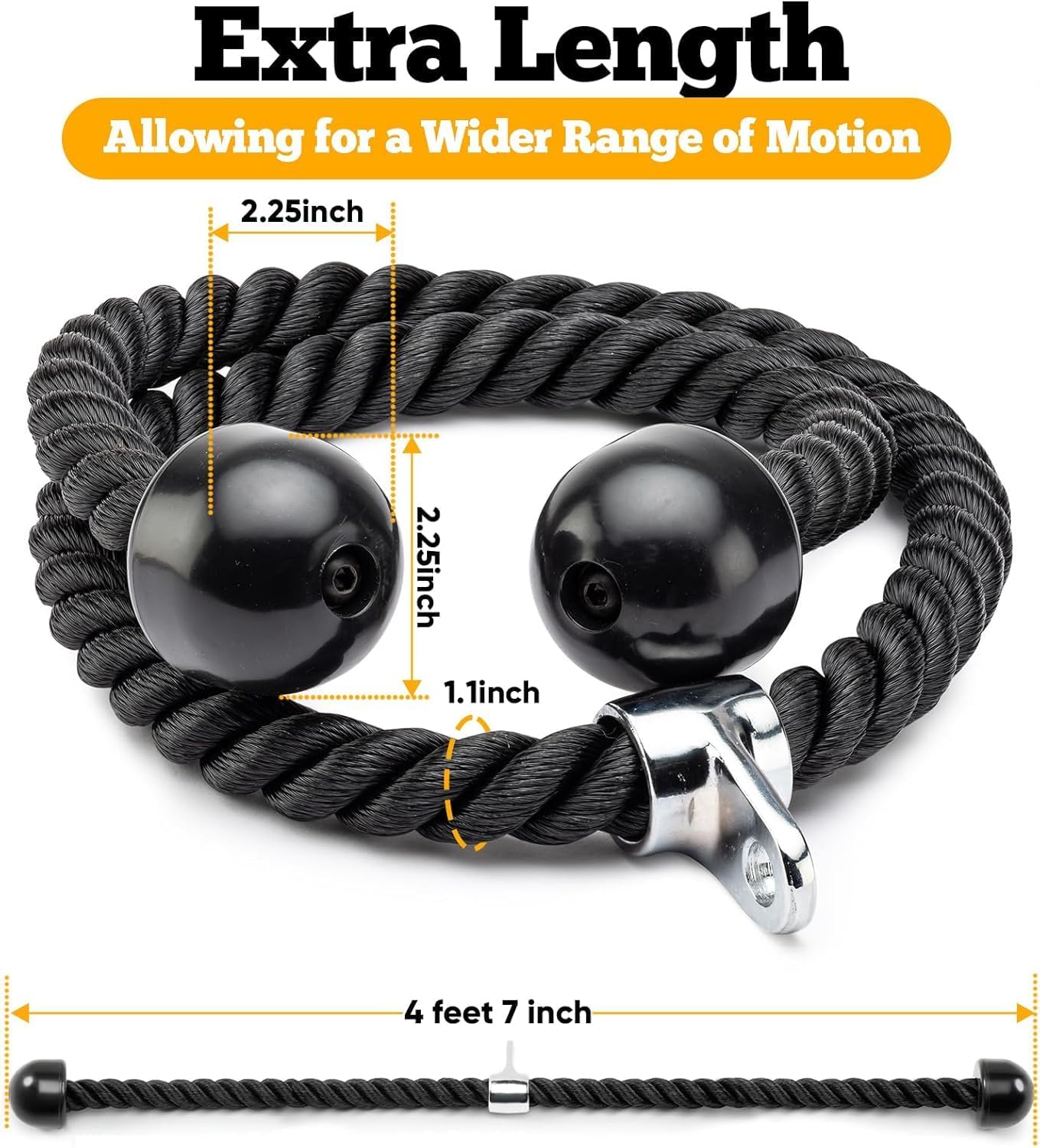 Double Length Tricep Rope for Cable Machines - 55 Inch Heavy Duty Pulldown Attachment, 4ft 7in Gym Strength Training Accessory & Home Workout Equipment (55in)