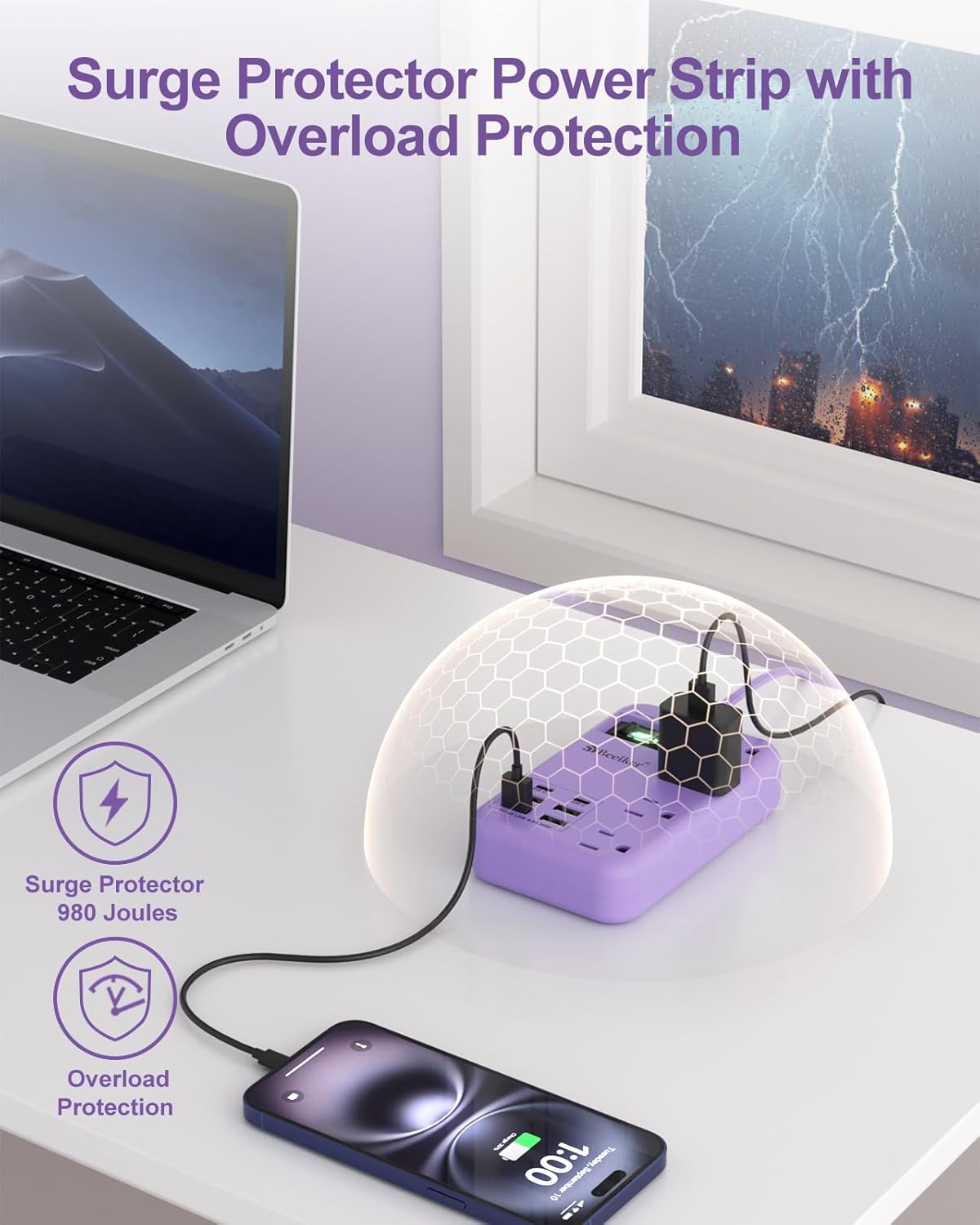 Beeiker 6 USB(2 10 24W 4 USB C) Purple Surge Protector Power Strip- Ft Purple Extension Cord with USB Charging Station