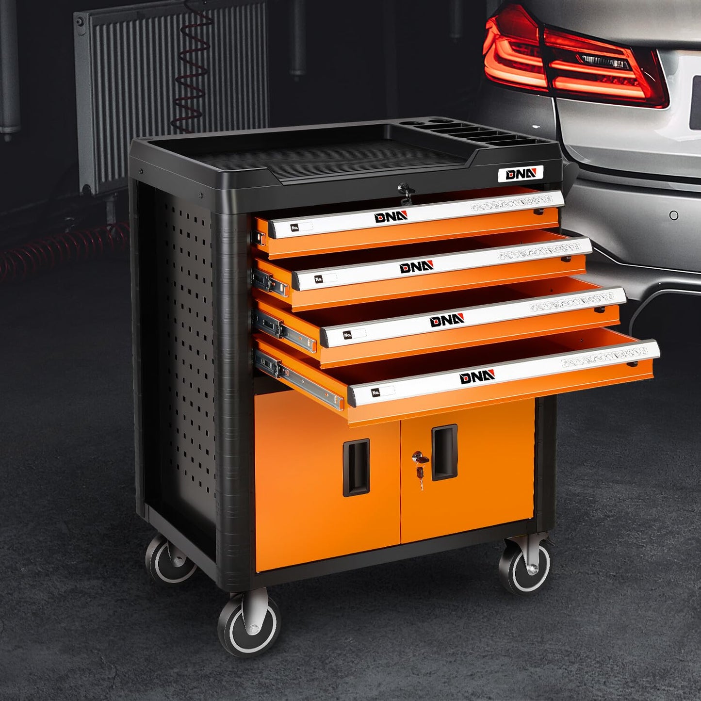 DNA Motoring 4-Drawer Rolling Tools Chest, Rolling Tool Storage Cabinet, Heavy Duty Mechanic Tool Cart, Trolley Organizer for Garage, Warehouse, Workshop, Orange, TOOLS-00402