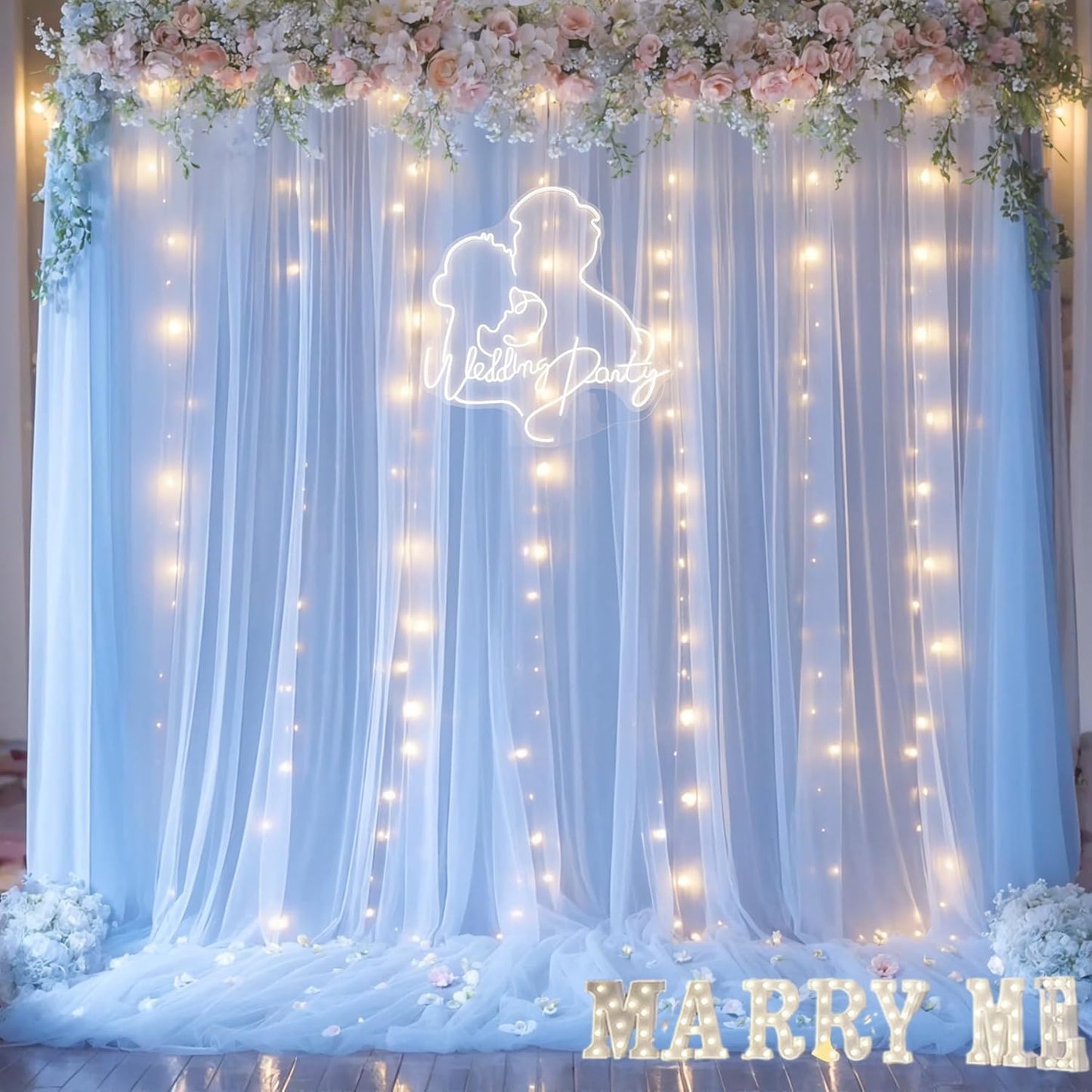 Suppromo 2 510ft Baby Blue Backdrop Curtains with Lights String for Baby Shower Parties Panels Sheer Tulle Backdrop