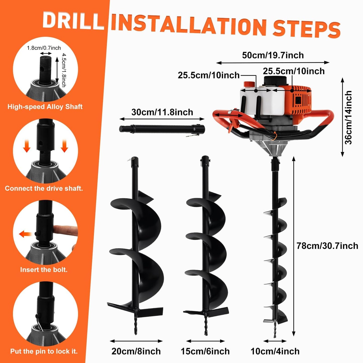 52CC Post Hole Digger Gas Powered, 1.98HP 2 Stroke Auger Post Hole Digger with 3 Drill Bits (4"/6"/8") + 1 Extension Rod for Planting - Ideal for Farm & Garden - Orange-[Arrives in Two Boxes]