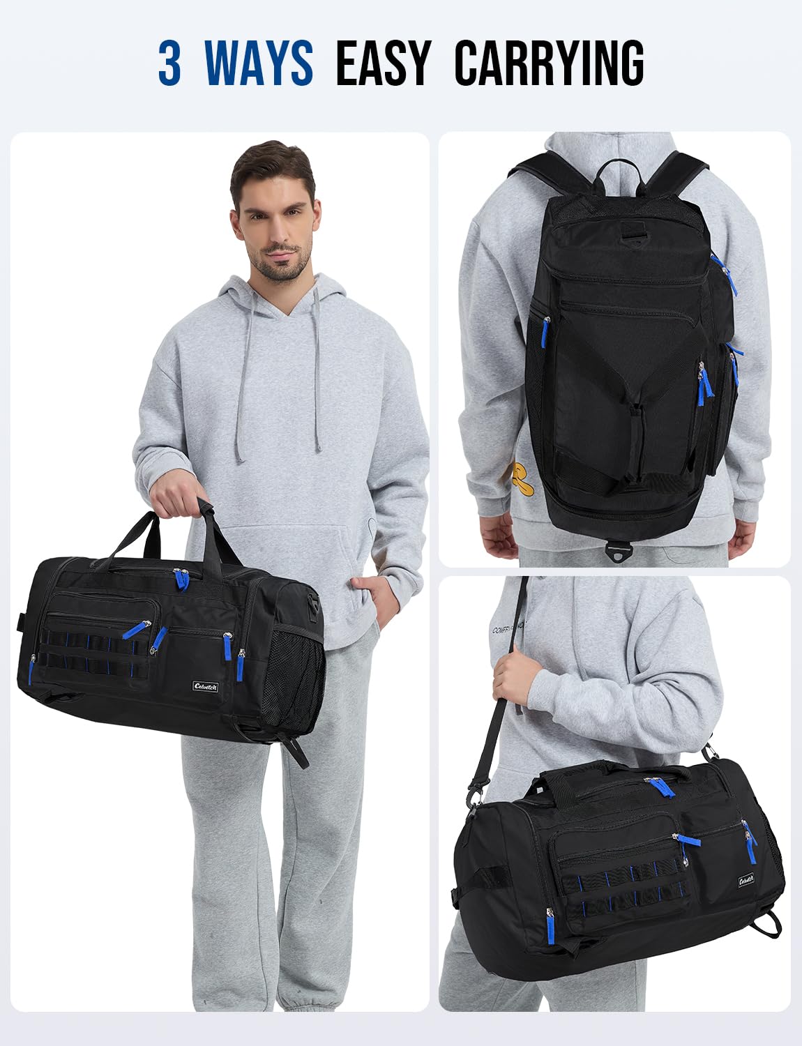 Celvetch Gym Bag for Men Women with Shoes Compartment 3-in-1 Sports Travel Duffel Bag Multipurpose Weekender Overnight Backpack with Wet Pocket - Black