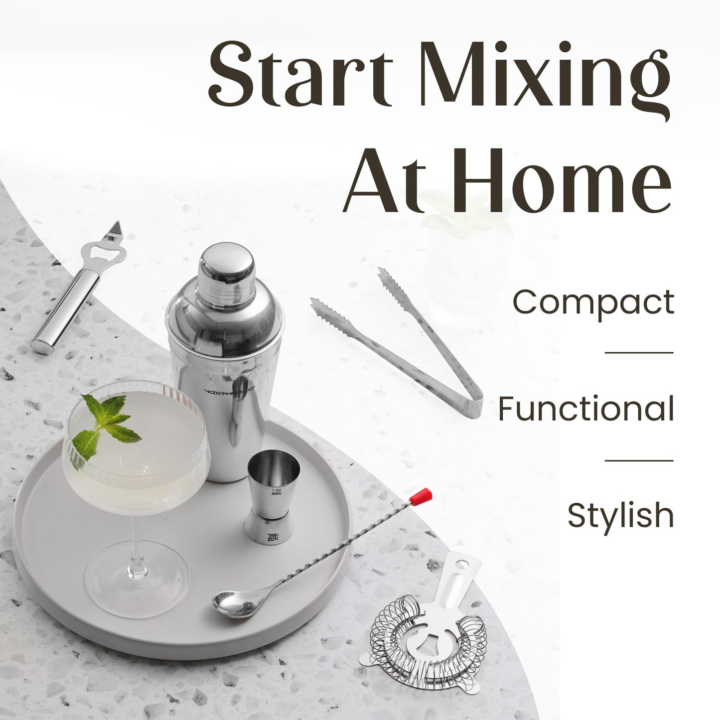 Modern Mixology Cocktail Shaker Set - Bartender Kit with Pine Stand | Leak-Proof Design | Includes Martini Shaker, Jigger, Strainer, Spoon, Tongs | Perfect Bar Tools Gift for Home Mixology (Silver)