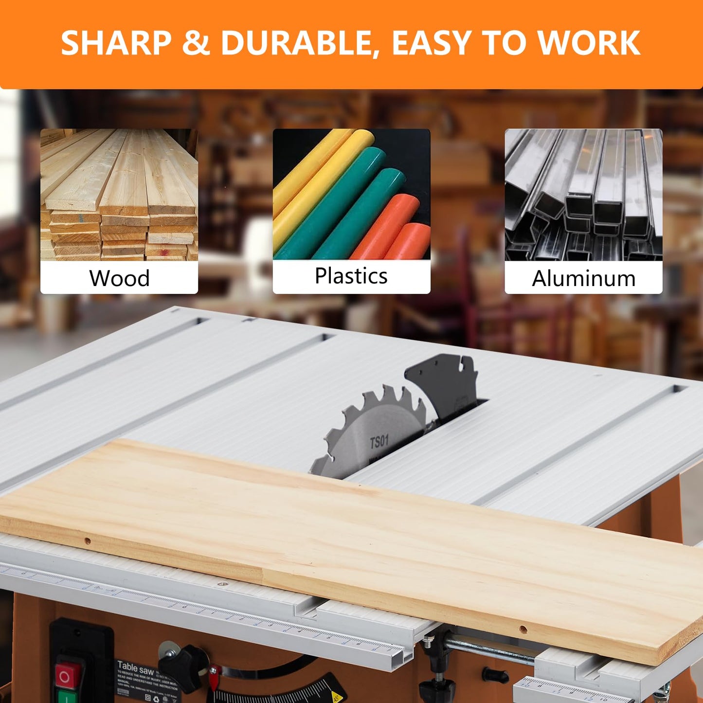 Table Saw, 10 Inch 15A Multifunctional Saw With Stand & Push Stick, 90° Cross Cut & 0-45° Bevel Cut, 5000RPM, Adjustable Blade Height for Woodworking, Orange