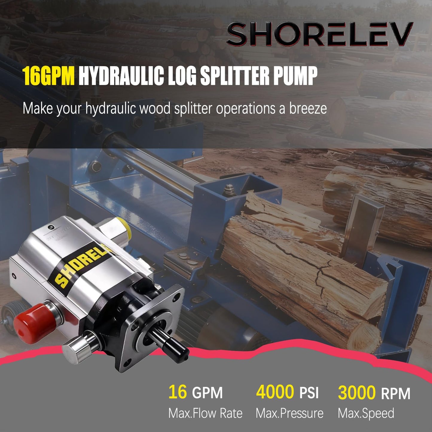SHORELEV 16GPM Log Splitter Pump Kit, HI/LO Gear Pump, 2 Stage Hydraulic Pump, 12V DC 3000 PSI Hydraulic Power Unit with Valve & Mount Bracket, for Wood Splitter Machinery & Hydraulic Systems