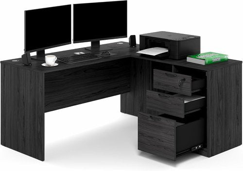 Furinno Roger L-Shaped Executive Desk - 60 Inch with File Cabinet & Cord Grommet | Coastal Grey