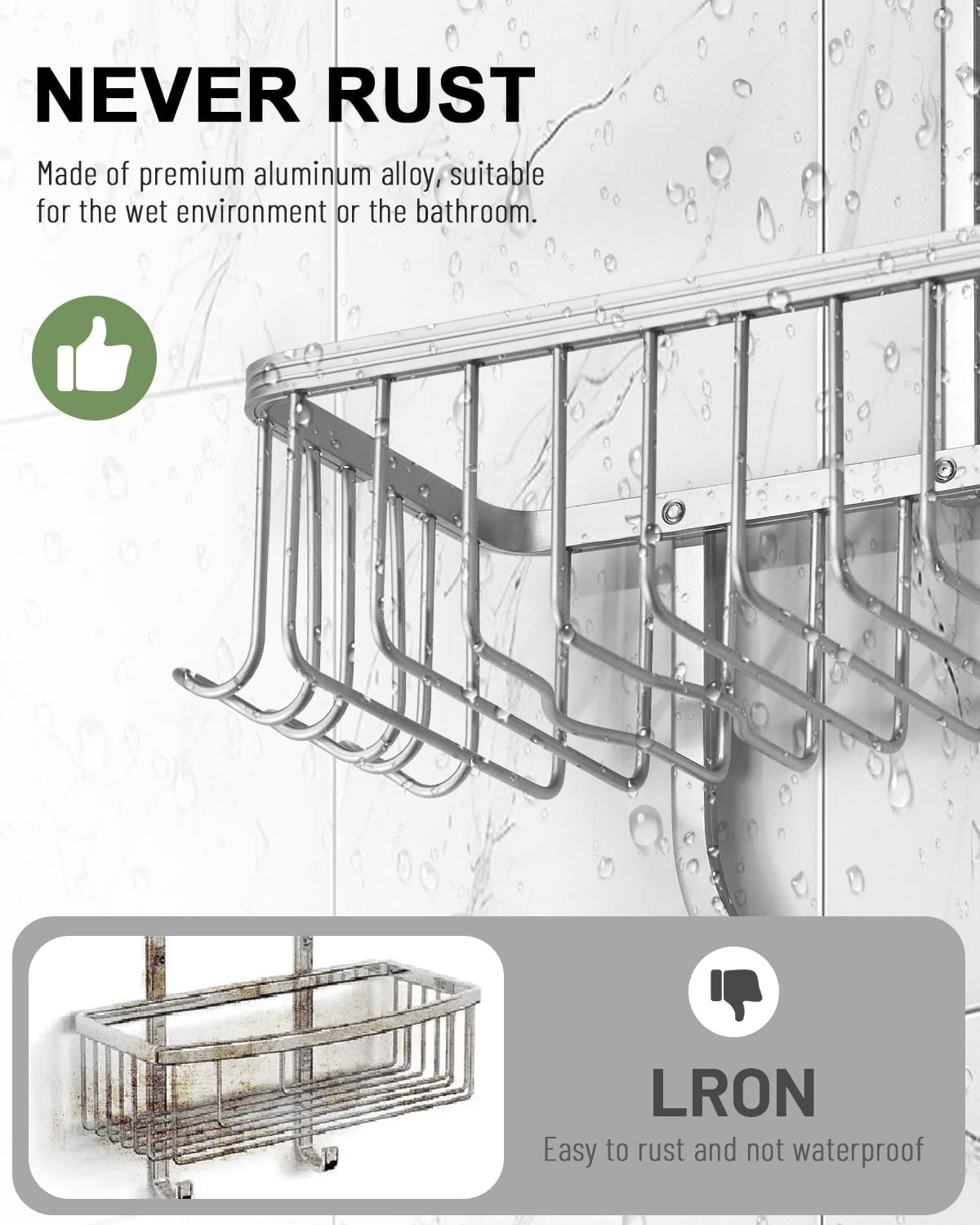 Regine Switzerland Shower Caddy - Rust-Free Aluminum Hanging Organizer with 6 Hooks for Razors & Sponges | Silver
