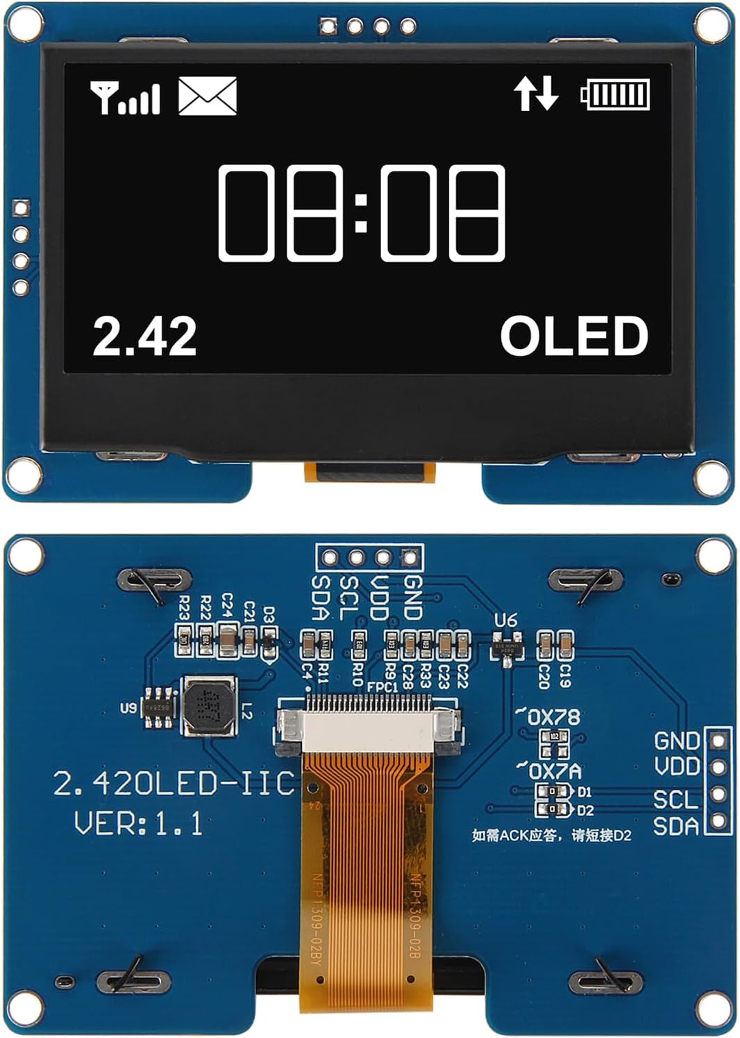 AITRIP 2PCS 2.4" 2.42 inch 128x64 SSD1309 12864 4 I2C R3 C51-White OLED LCD Display Module Pin IIC Serial Interface