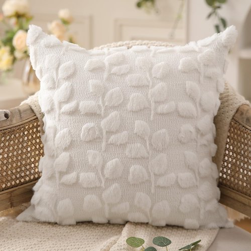 DFXSZ Spring Pillow Covers 18x18 inch Set of 2 Farmhouse Decor Cream White Eucalyptus Leaves Soft Plush Faux Fur Jacquard Spring Summer Throw Pillows for Bedroom Sofa Home Decor PTK023A18