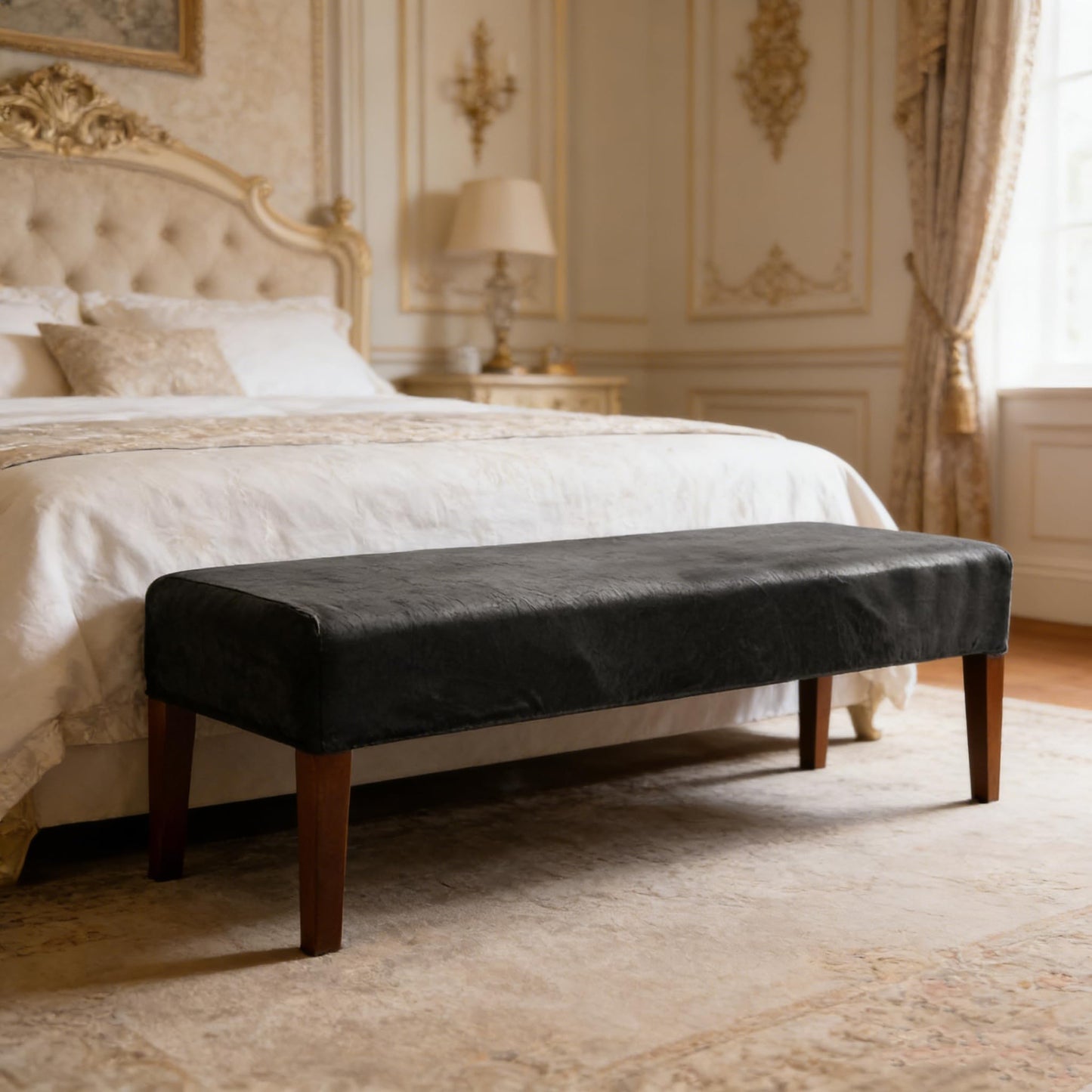 EVOLLER Leather Look Bench Cover 60 inch Long for Dining Room Black 5ft Stretch Bed Bench Seat Slipcover for Bedroom Rectangle Washable-Leather Look Black