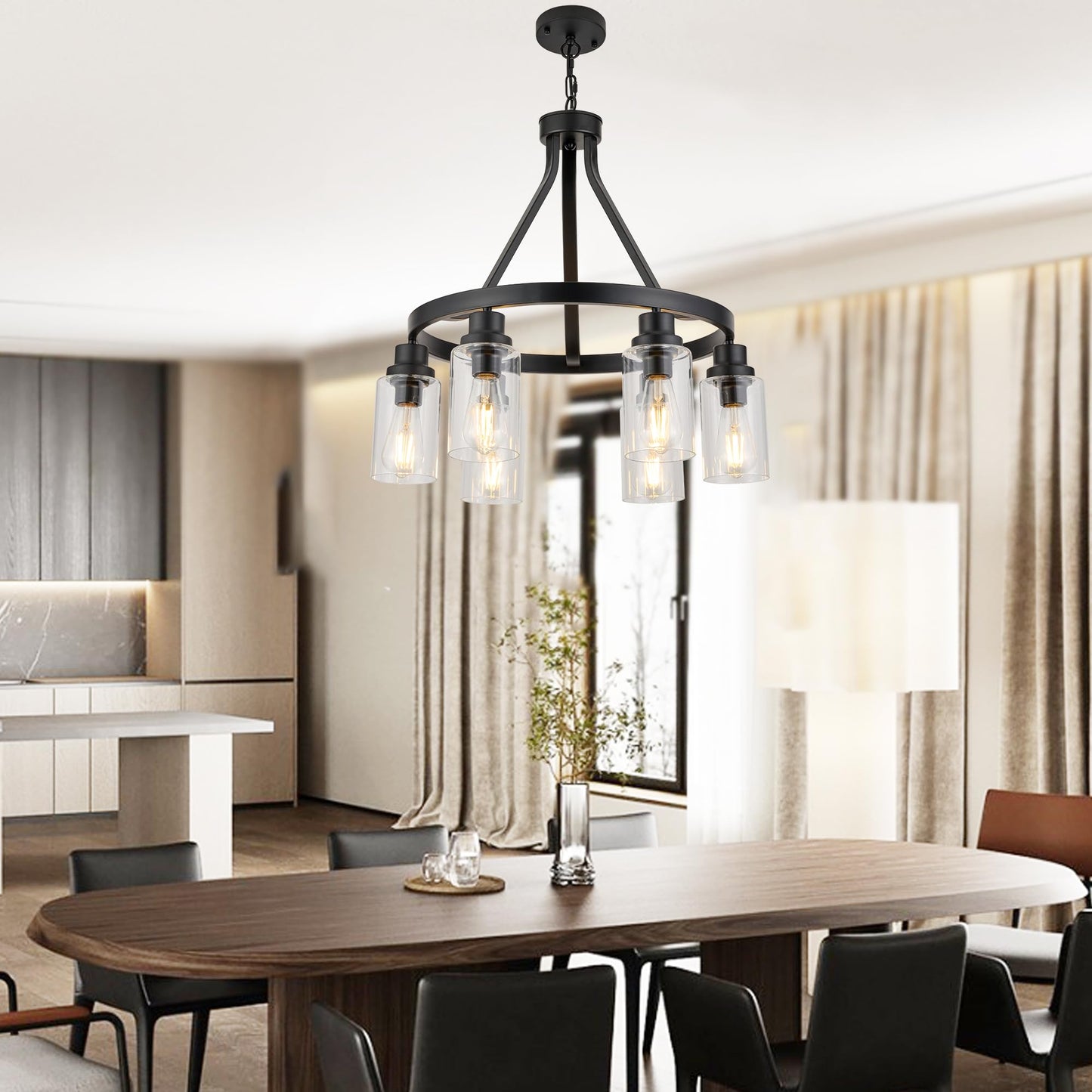 LIGOTFIRE 6-Light Farmhouse Chandelier Light Fixture Dining Room Lighting Fixtures Hanging Wagon Wheel Chandelier Kitchen Island Pendant Lights Modern Black Industrial Rustic Adjustable Height Metal