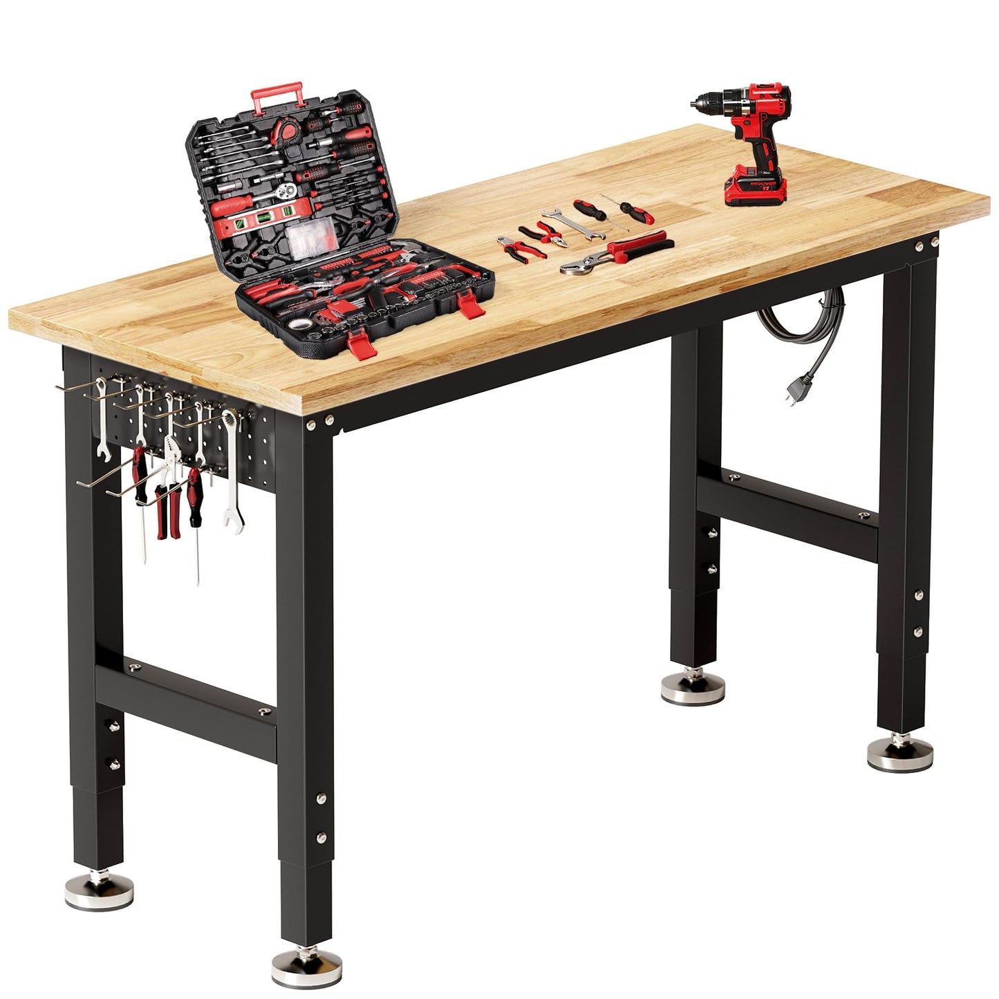 TLGREEN 48" Adjustable Workbench | Solid Rubberwood Top | 2000lbs Heavy-Duty Work Table | Pegboard, Hooks & Power Outlets | Garage, Workshop, Office