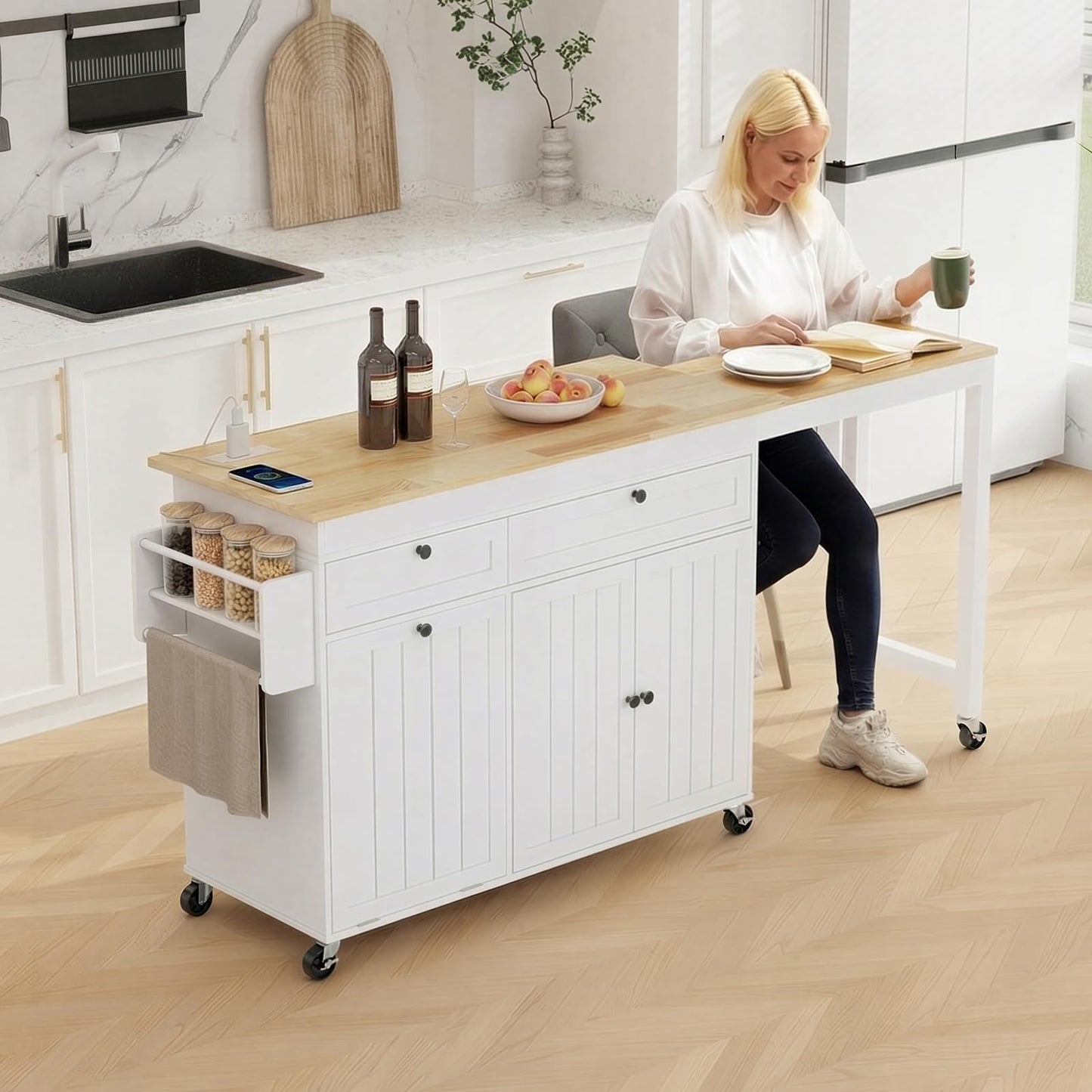 Lefurture Kitchen Islands with Storage, Kitchen Island on Wheels with Extendable Dining Table and Power Outlet, Rolling Island Cart with Trash Cabinet, Spice Rack & Towel Rack, White