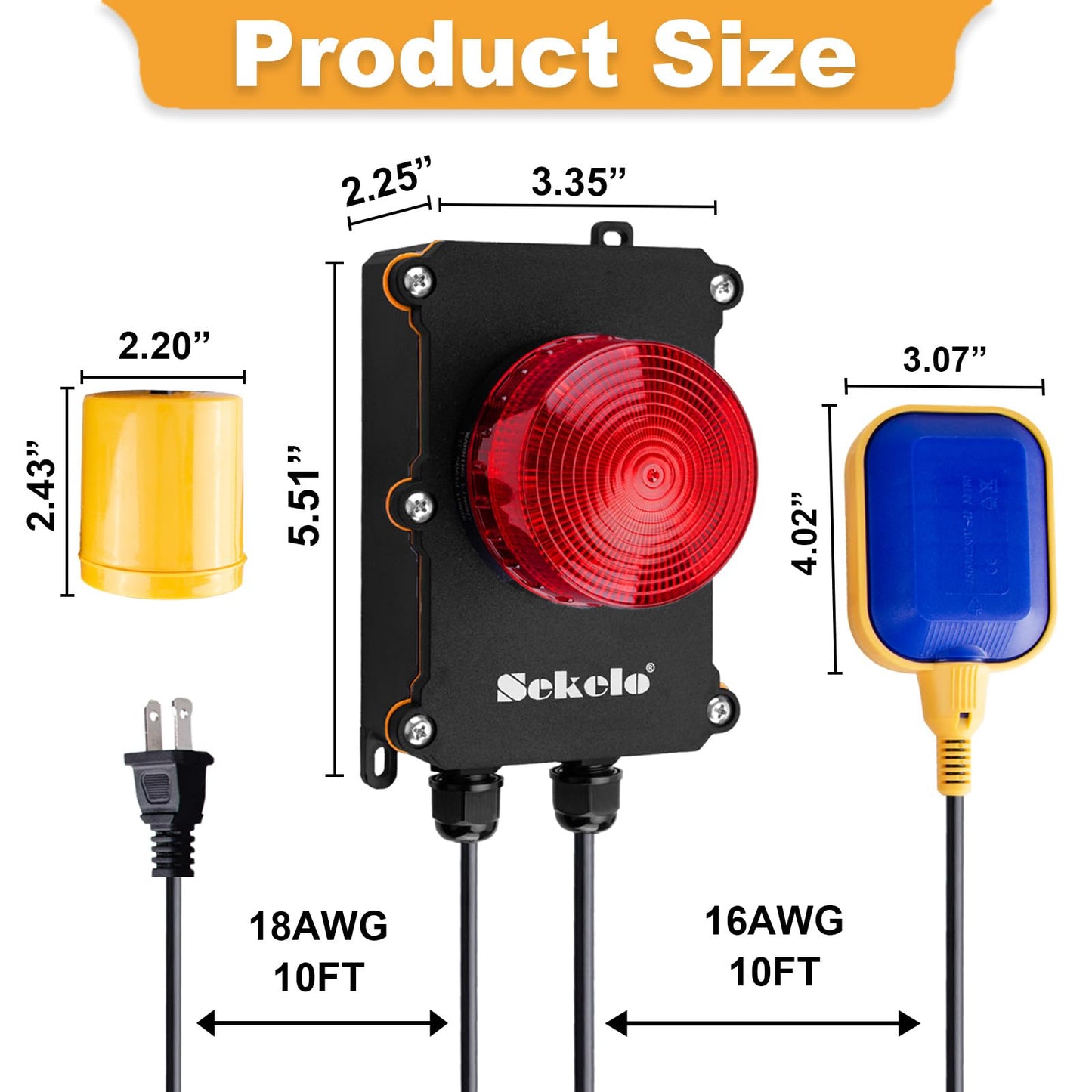 Sump Pump Alarm,Sekelo High Water Alarm with 10ft Level Float Switch,110dB Loud Alarm and High Brightness LED Indicator ,IP67 Indoor/Outdoor Use,Ideal for Septic Sump Pump Pond Water Tank