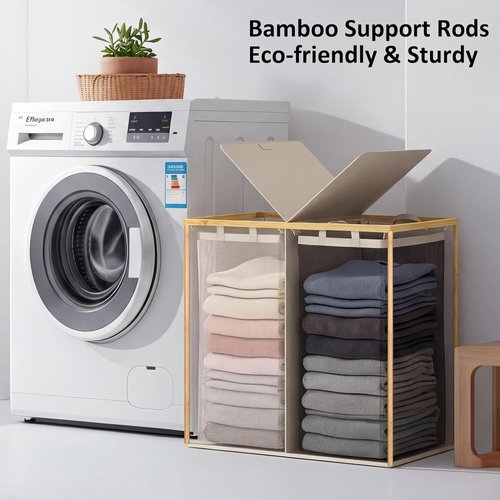 Efluky Laundry Hamper - Double 2-Section Basket with Lid & Removable Bags - 140L Beige