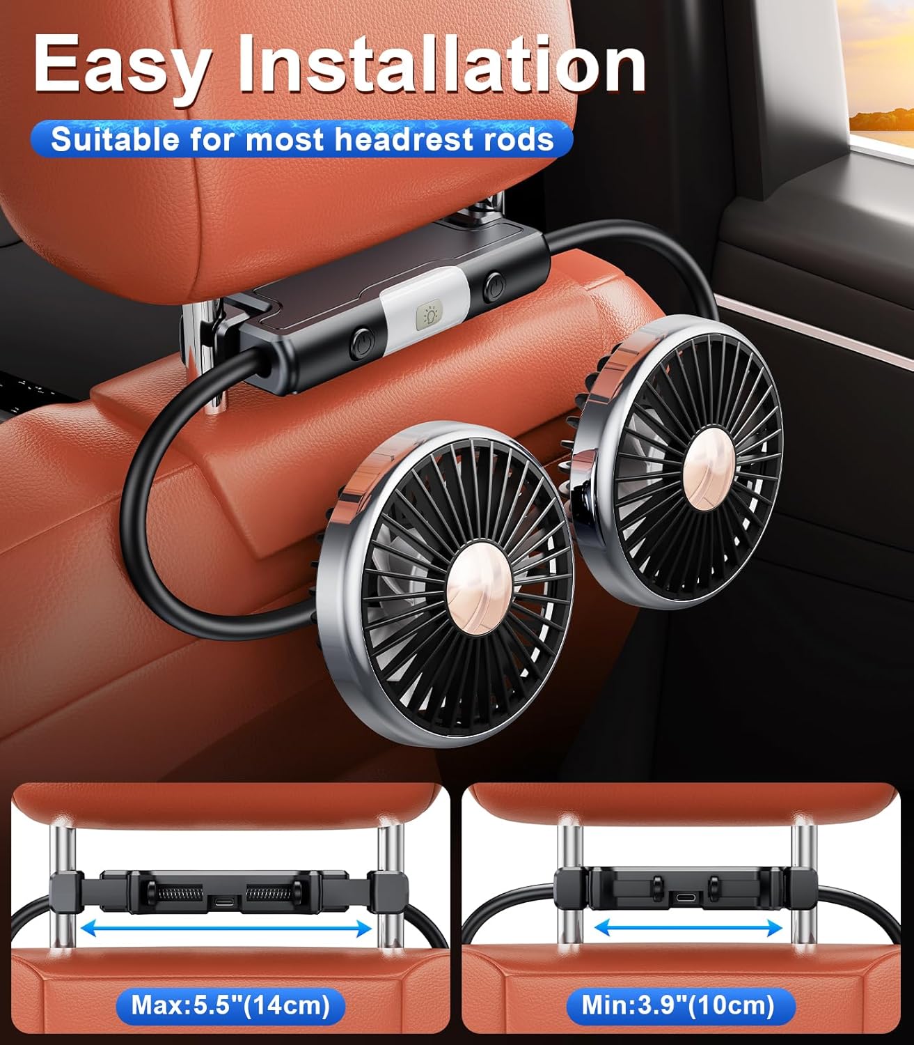 Dual Head Gooseneck Car Cooling Fans for Back Seat for Kids, USB Car Headrest Cooling Fan for Baby Rear Facing, Car
