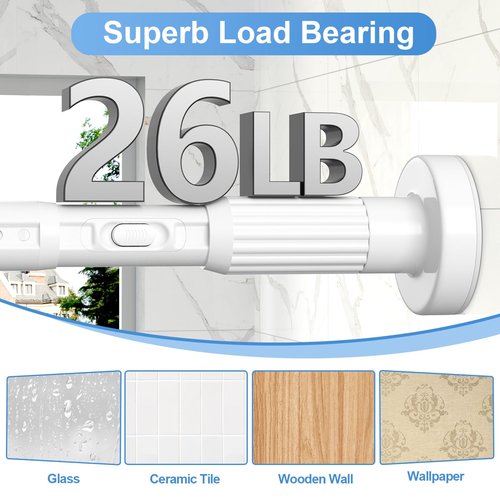 Long Tension Rod 39-144inch White Tension Curtain Rods no Drilling 1.26" Diameter Adjustable Outdoor Curtain Rod for Windows,Shower,Patio,Doorway,Heavy Duty Spring Rods