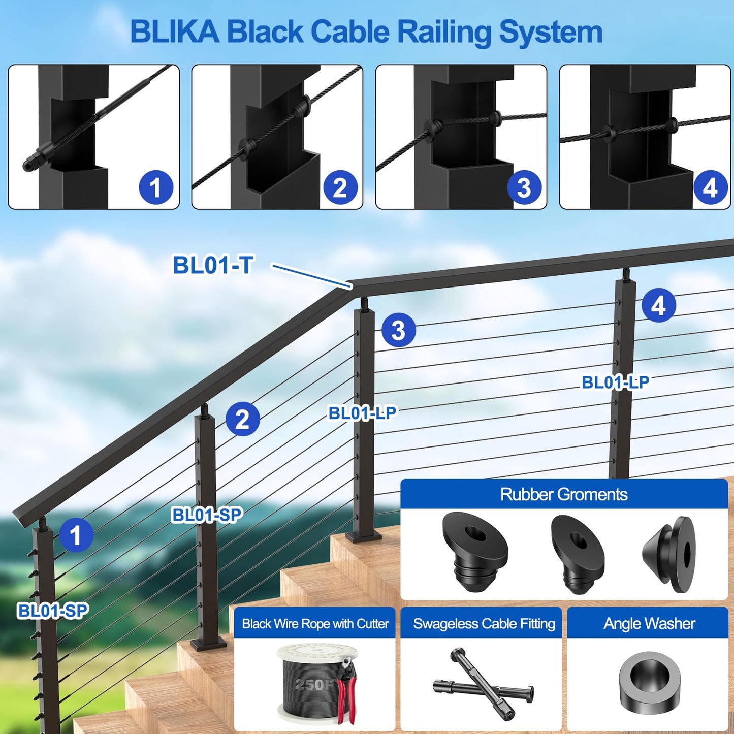 BLIKA 2Pack 8FT Stainless Steel Cable Railing Handrail, Black Rectangular Handrail Flat Top Rail with End Caps for Deck Stair Cable Railing System, Deck Hand Rails for Indoor/Outdoor, BL01-T