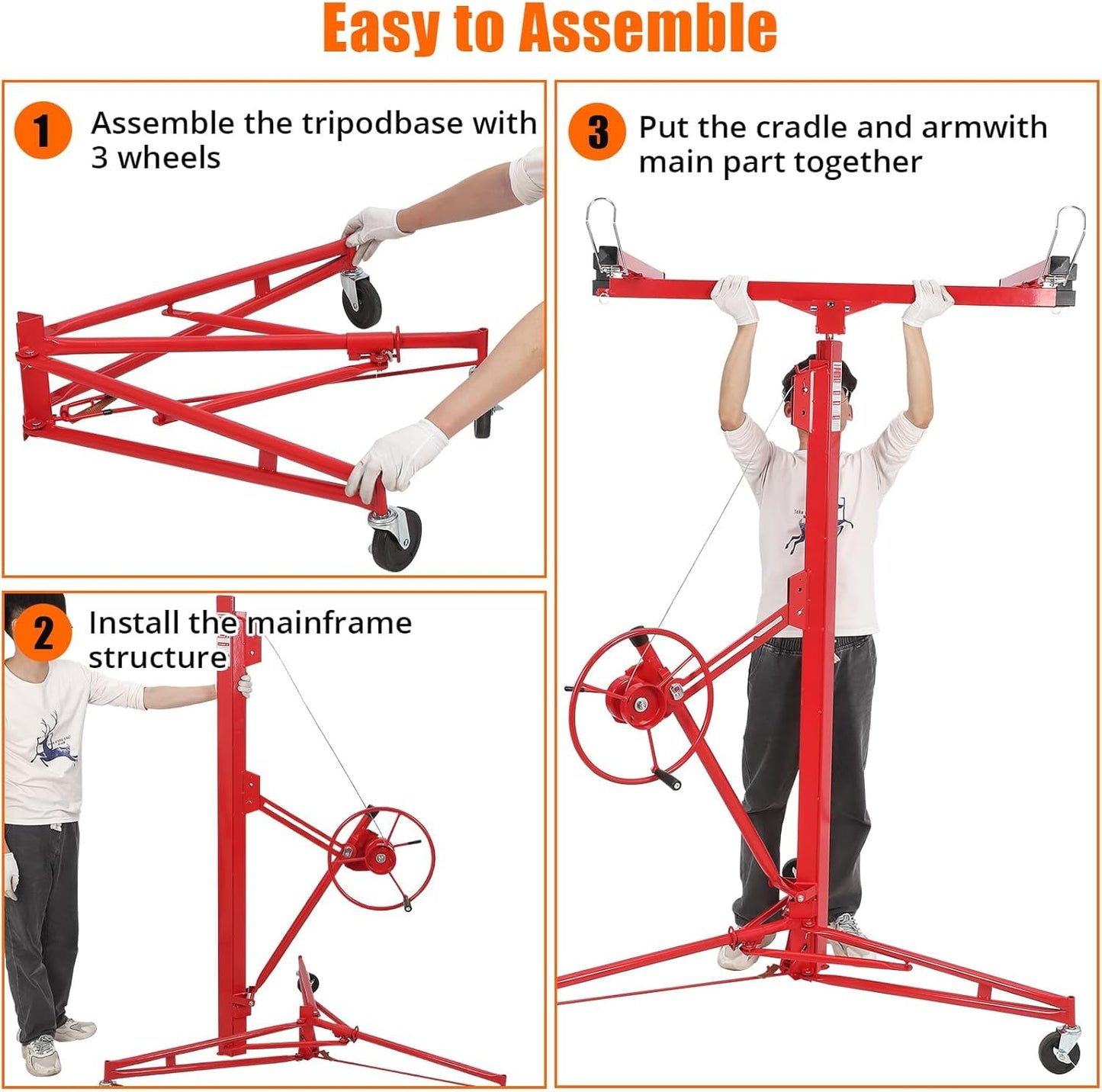 Drywall Lift 16FT, Drywall Jack Lift for Ceiling, Adjustable Panel Hoist, 150LBS Heavy Duty Drywall Lifter, 3 Lockable Wheels Foldable Sheetrock Lift for Home Improvement, Red
