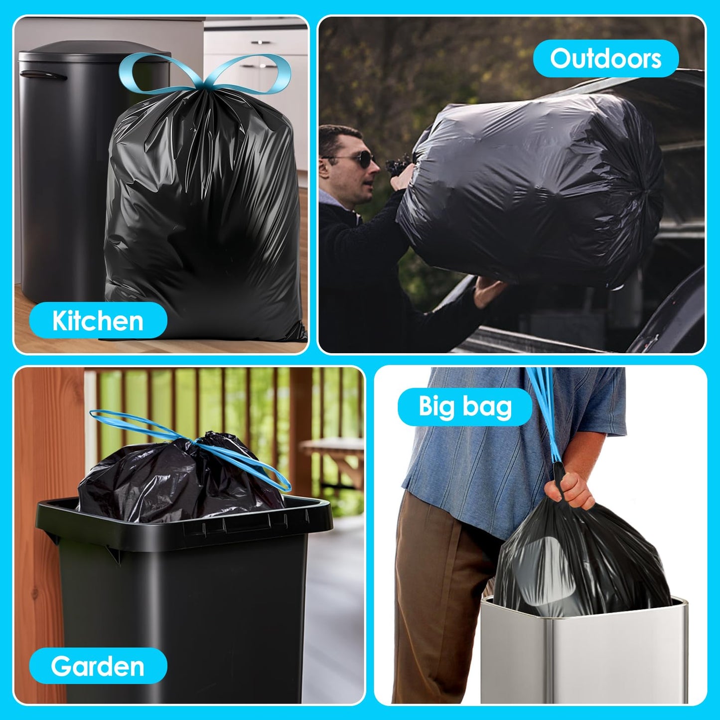 Teivio 20 Gallon 26 Counts Large Drawstring Trash Bags Strong Tall Kitchen Garbage Bags for Home/Office/Light Residential Waste/Outdoor Trash Can, Lawn，Trash Bin liners Black