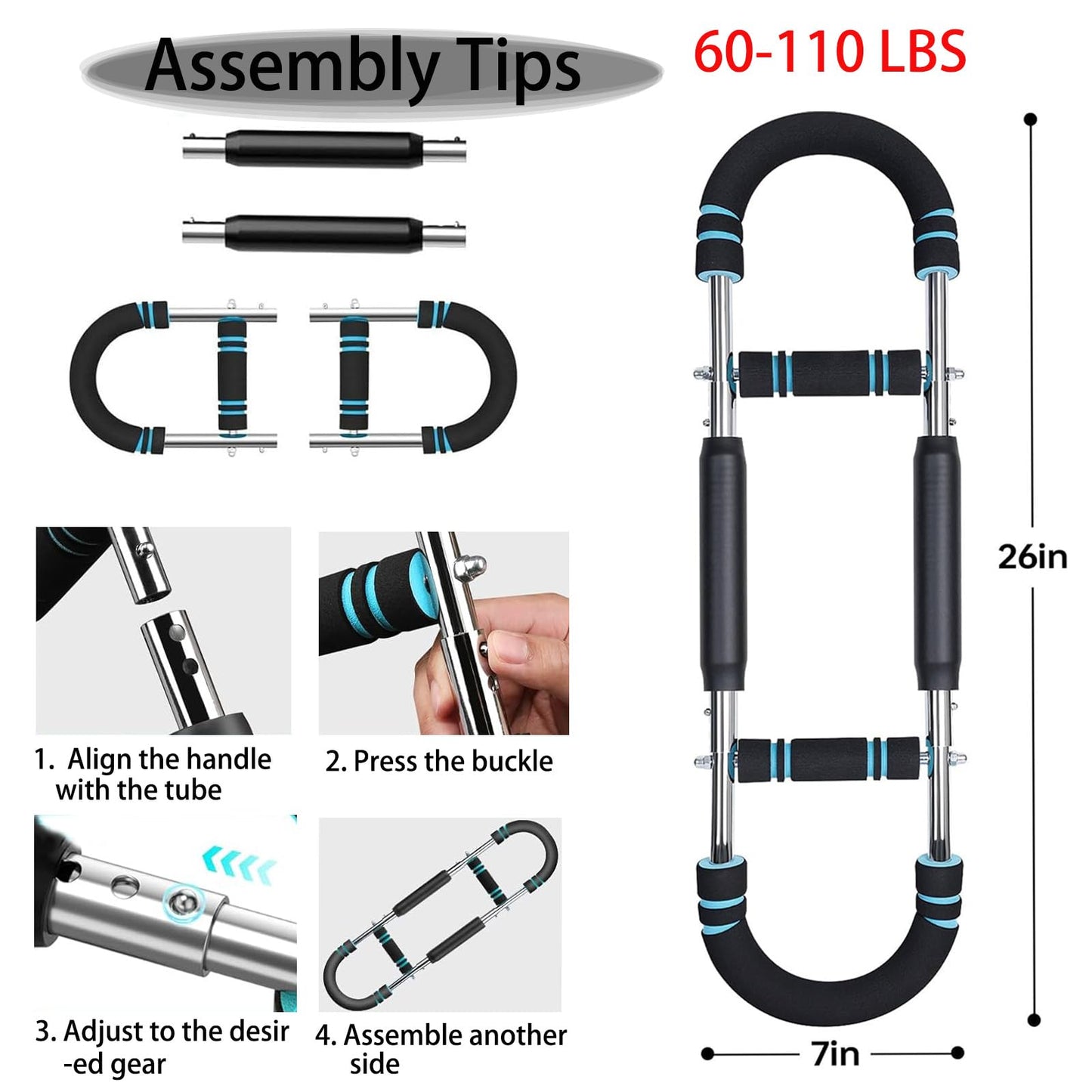 UPGRADED Unisex Adjustable Twister Arm Trainer (60-110lbs), 3-Level Foldable Chest Workout Exerciser for Upper Body Strength Training, Portable Spring Workout Bar Fitness Equipment