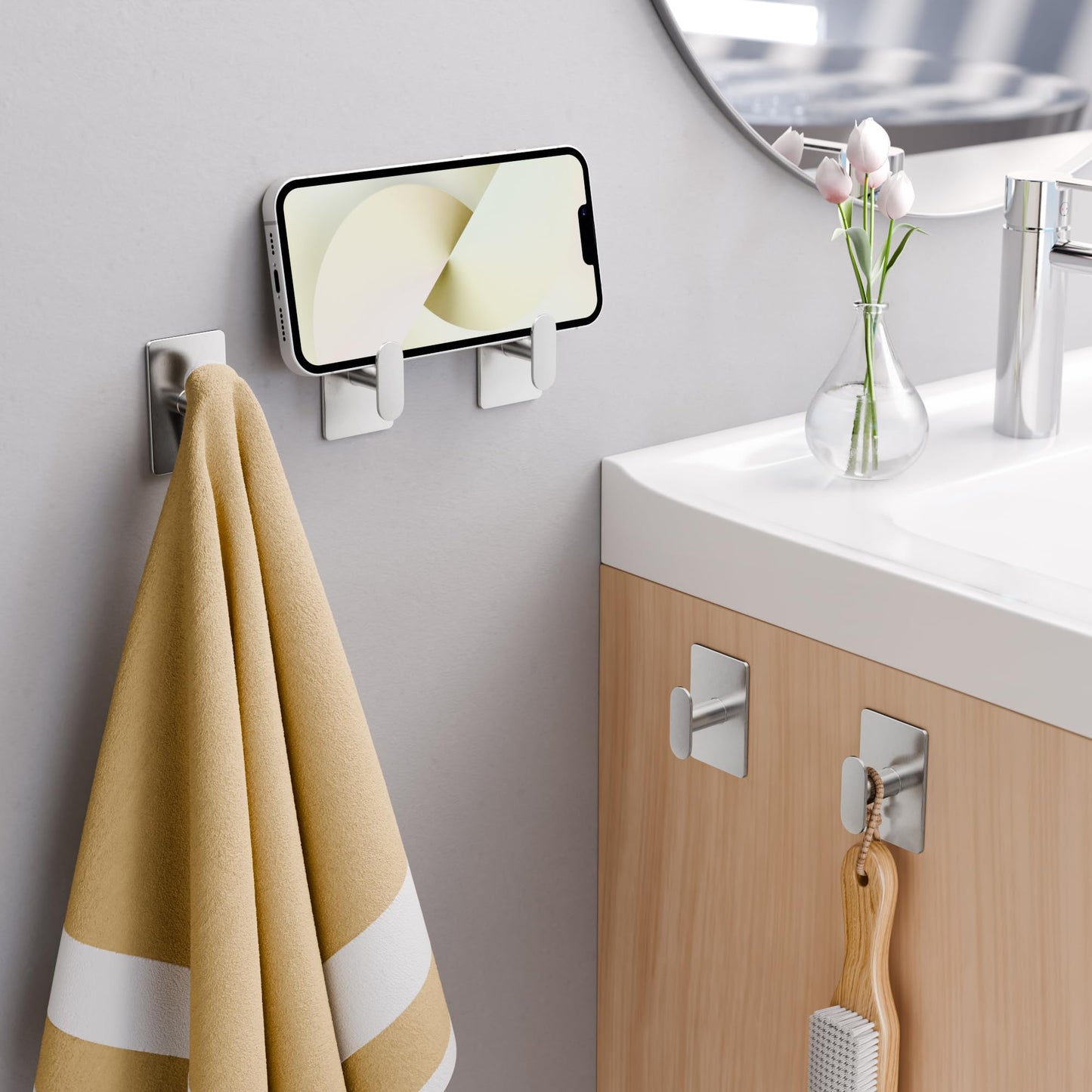 pickpiff Adhesive Towel Hooks for Bathroom: 20LB Extra Strong Wall Hanger for Shower Kitchen RV Dorm Apartment, Silver 4 Pack
