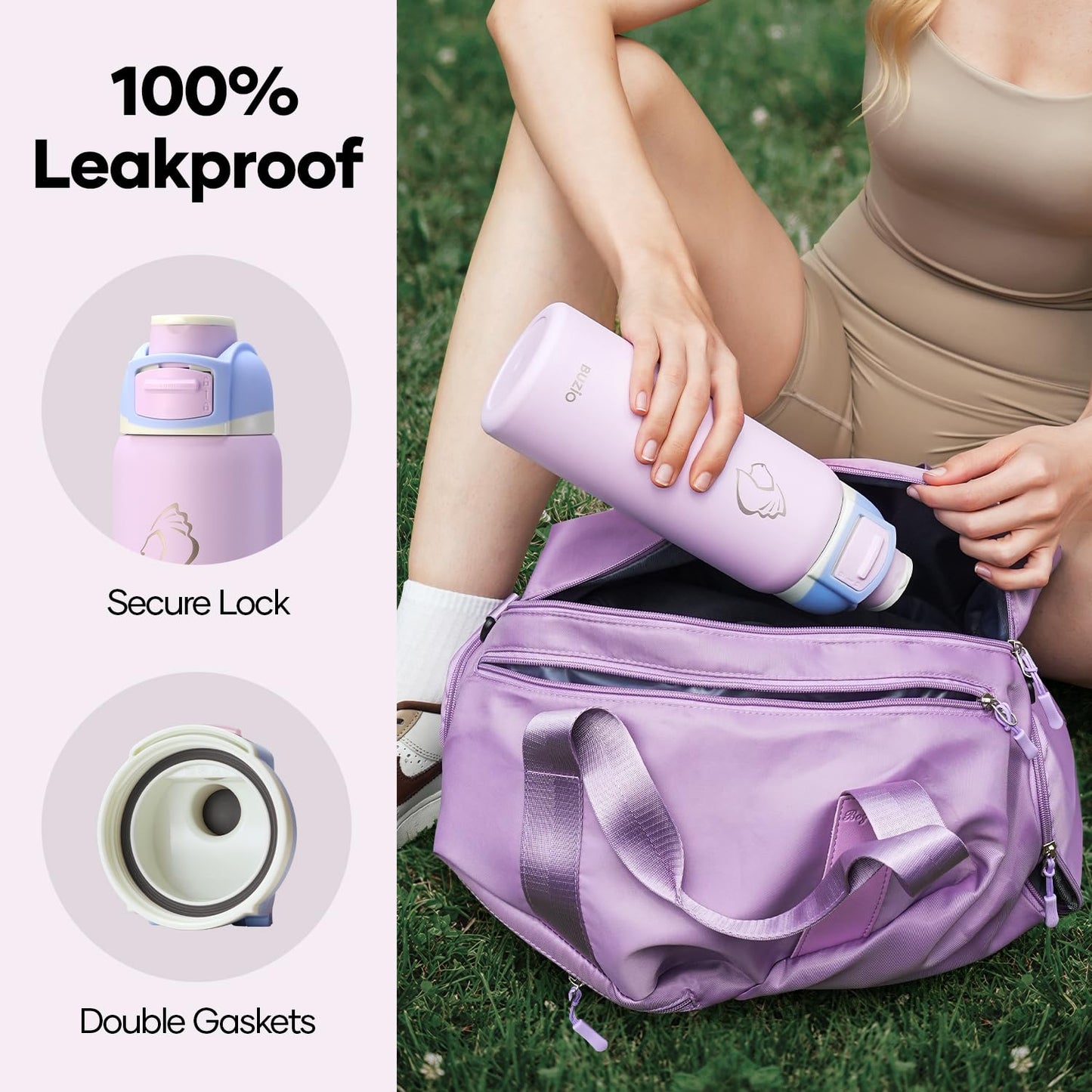 BUZIO 32 oz Insulated Water Bottle - Stainless Steel with Chug Cap, Leakproof Locking Lid, Carry Loop, Wide Mouth, Dishwasher Safe, Gym Sports Travel Work Outdoors, Gifts for Women & Men, Light Purple