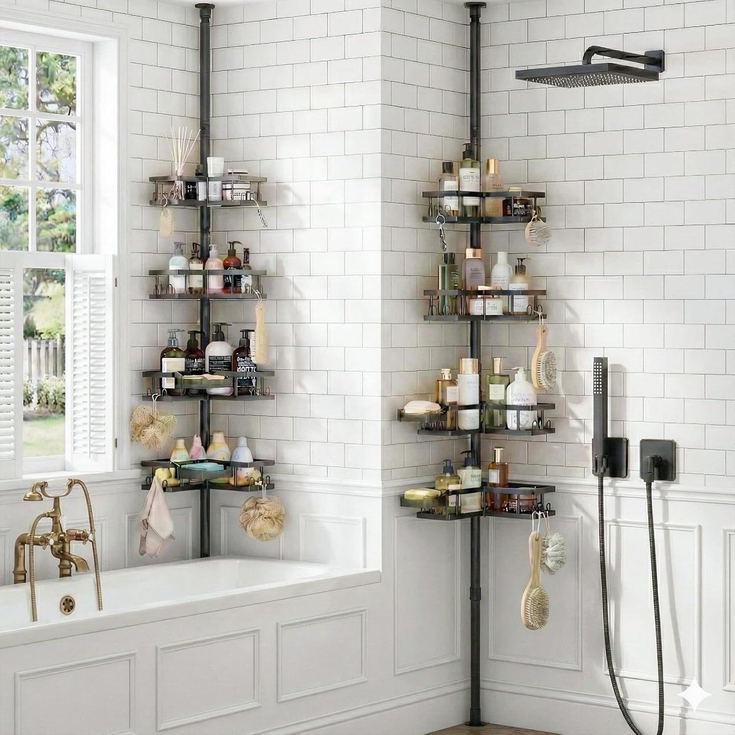 YASONIC Corner Shower Caddy - Adjustable Tension Pole Shelves, Rust-Resistant, No-Drill Installation | Black, 25.7-109.1in