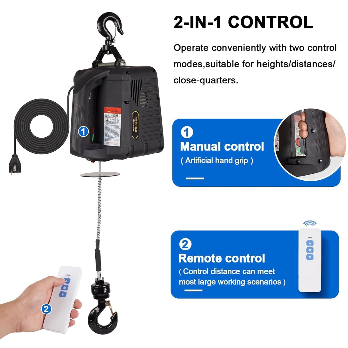2-in-1 Portable Winch, 1100lbs Electric Hoist Winch Portable Electric Power Winch, 39ft Height Crane Winch Hook Pulley Lifting Strap with Wired & Remote Control fo Lifting Towing