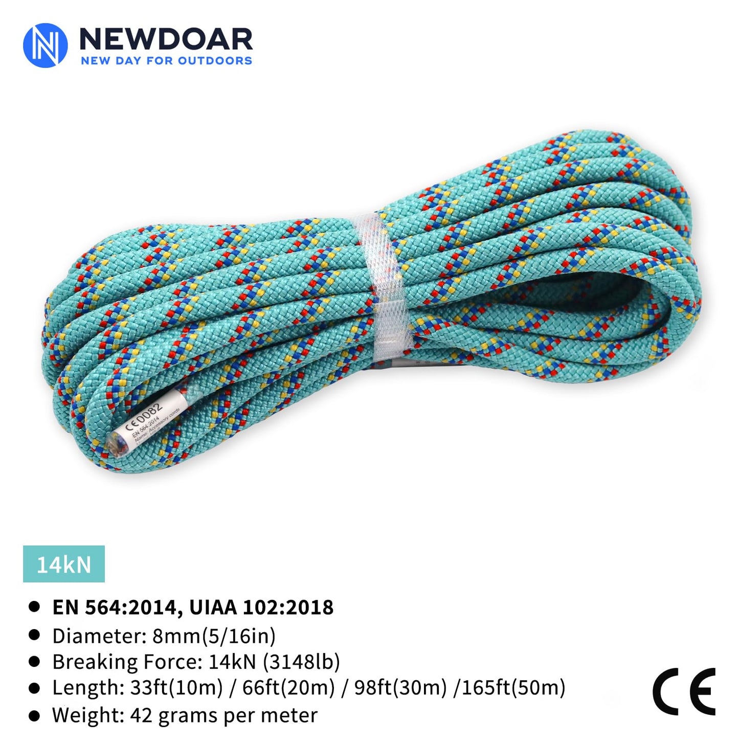 NewDoar CE & UIAA Certificated 5/16in(8mm) Static Climbing Rope 14KN High Strength Accessory Cords Safety for Rock Climbing, Outdoor Survival, Hiking, Mountaineering-Blue/66FT