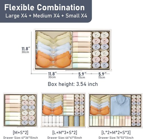 DIMJ Drawer Organizer - 12 Pack Foldable Fabric Storage Bins for Clothes & Baby Items | Beige