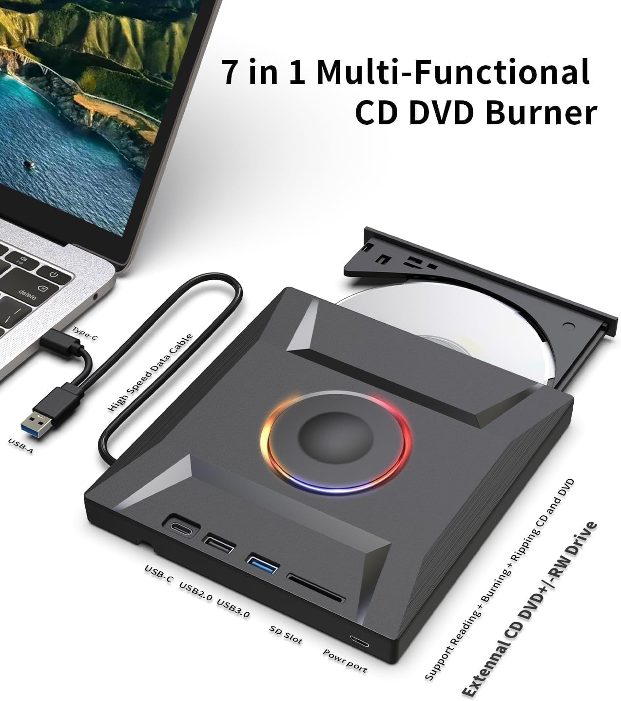 ASHDOL Drive,7 1 3.0 External CD DVD in USB and Type-C Disc Reader Writer Burner Player,Slim and Portable CD DVD +/-RW