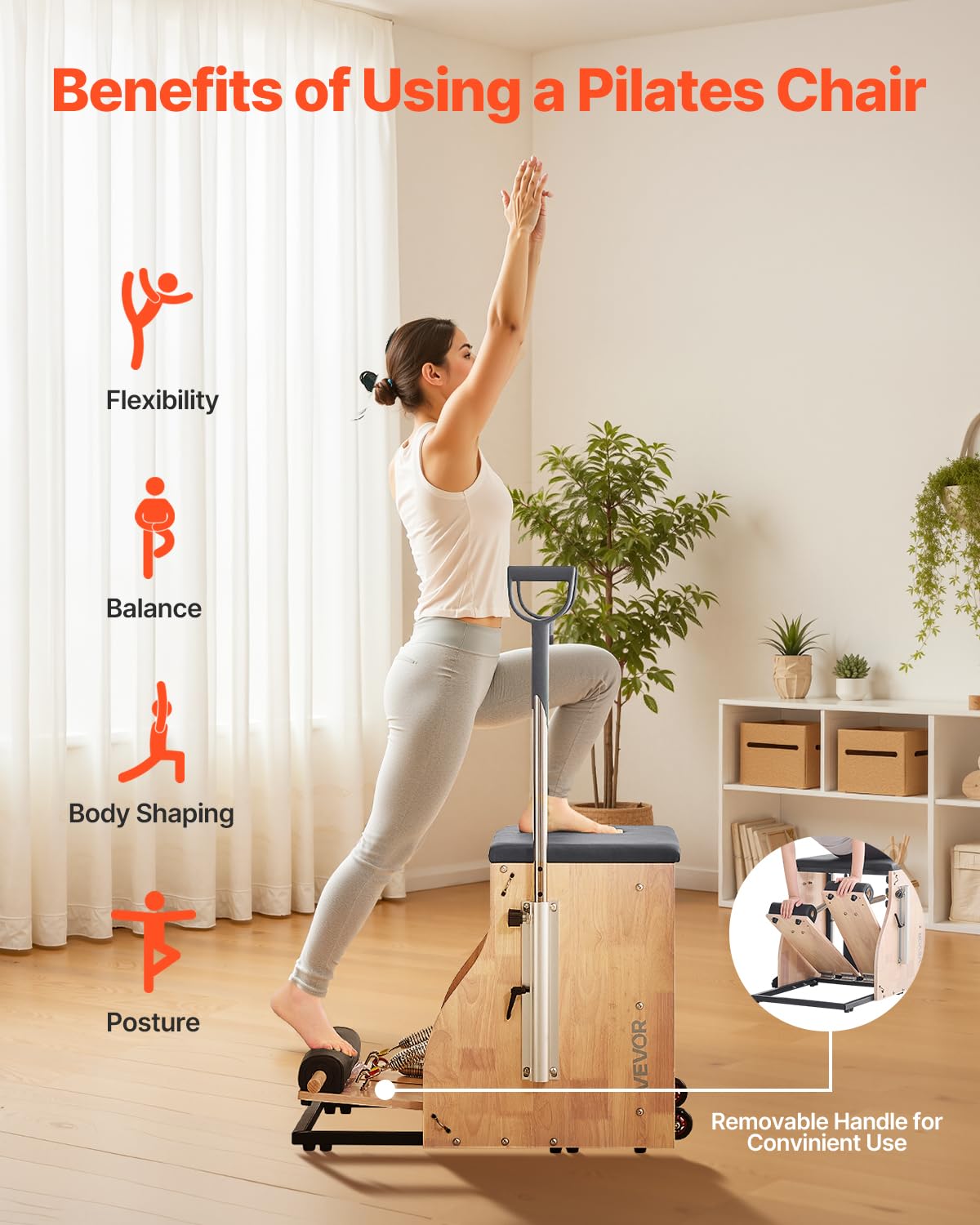 VEVOR Pilates Chair, Split-Pedal Stability Combo Chairs with Handles, Rubber Wood Frame Yoga Fitness Trainer, Exercise Reformer, Pilates Resistance-Workout Equipment, for Home Gym Studio Workout