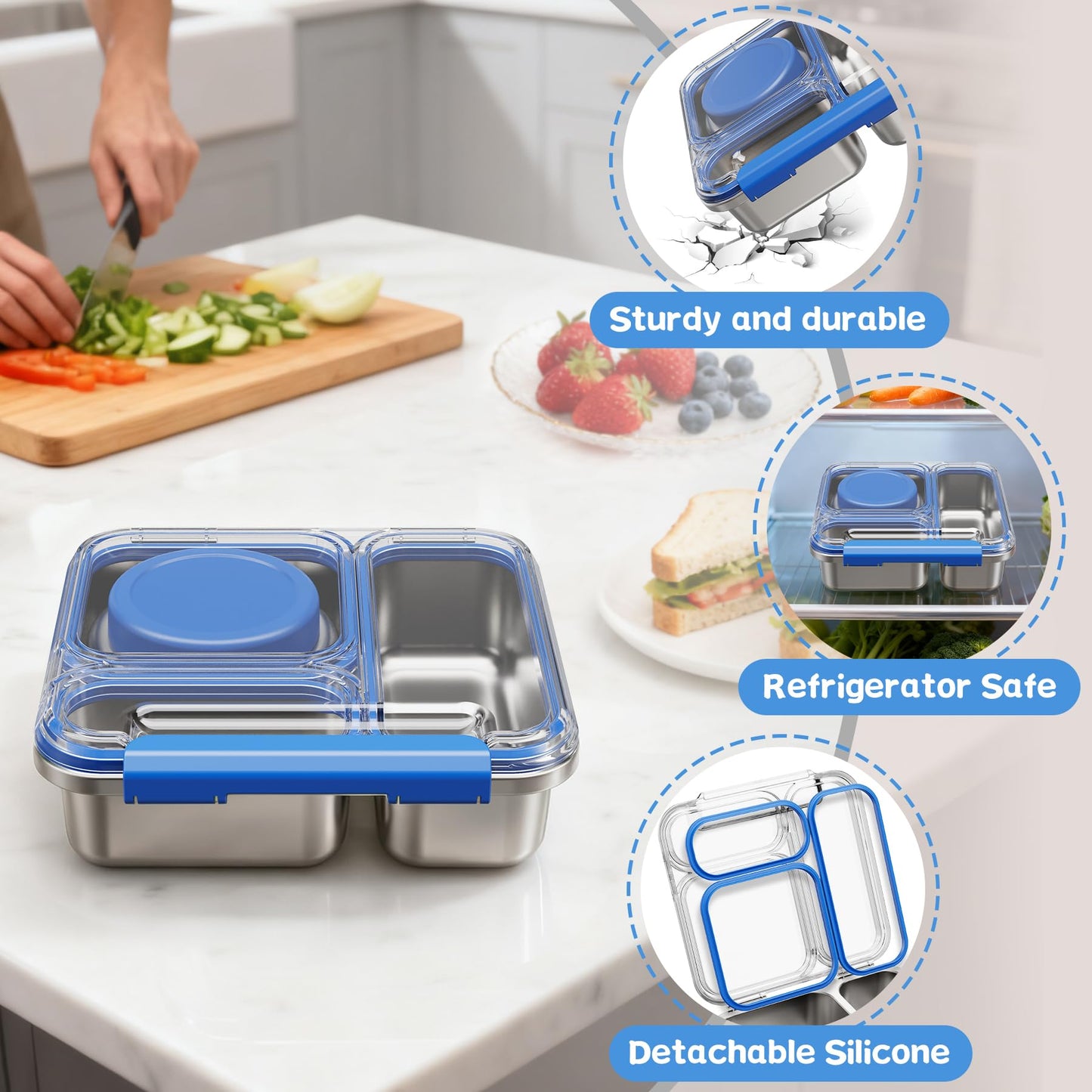 Pawtong Stainless Steel Bento Box Kids Adult with 7oz Insulated Food Jar, Transparent Lid Metal Lunch Box With Soup Thermal Jar, Lunch Box Container with Removable Divider & Sauce Cup School (Blue)