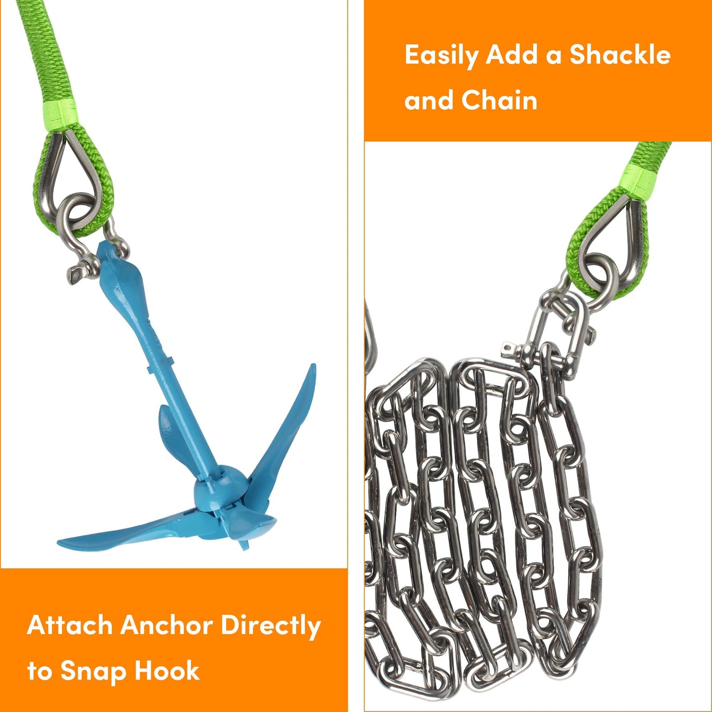 Anchor Rope 100 ft X 1/2 inch, Double Braided Anchor Line, Boat Rope with Stainless Steel Thimble and Shackle for Boating, Anchoring, Mooring, Pulling (Green)