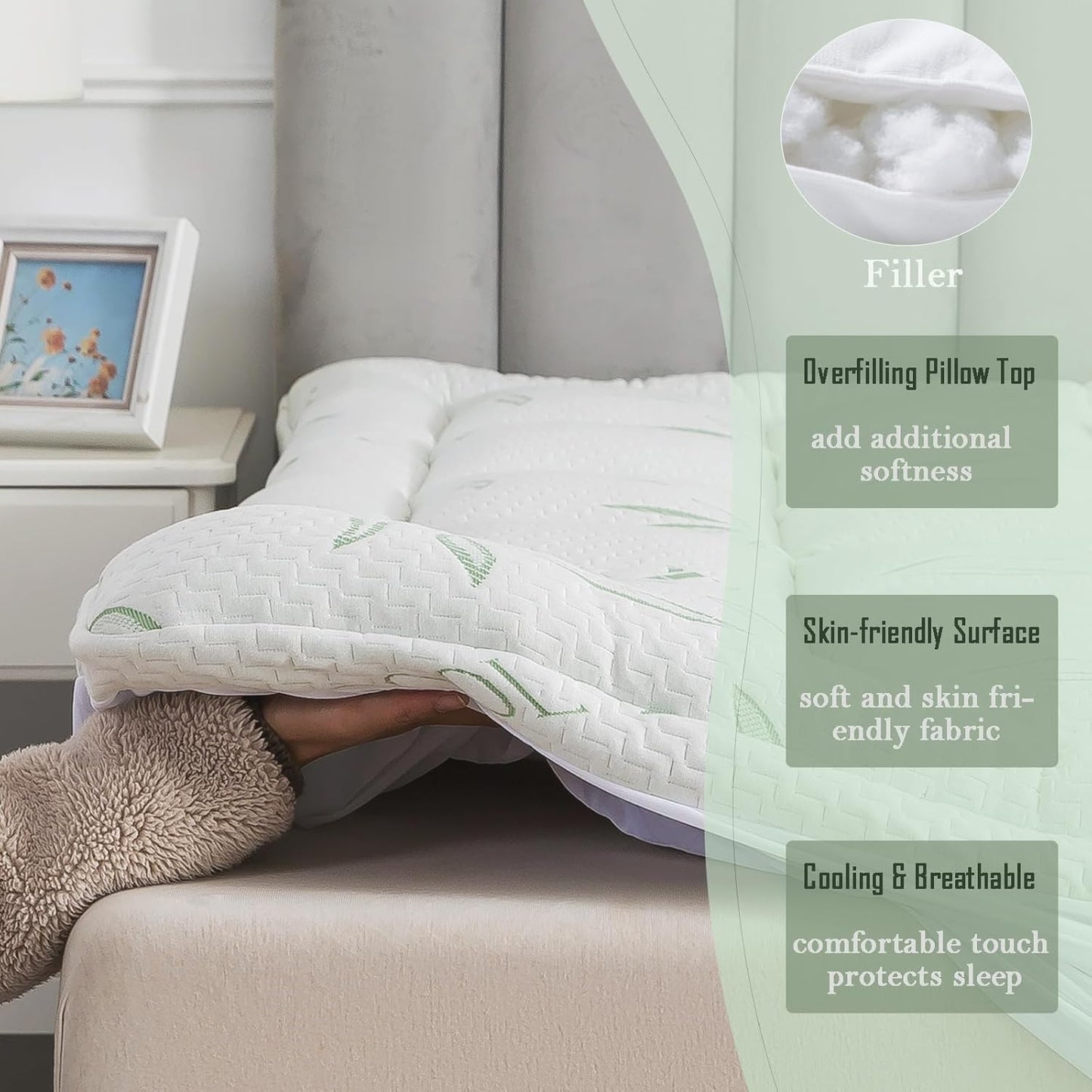 WhatsBedding Queen Mattress Topper - Soft Pillow Top with Deep Pocket & Bamboo Viscose Air Layer
