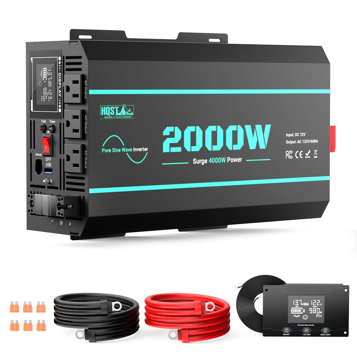 HQST 2000W Pure Sine Wave Inverter 12V DC to 110V AC Converter, w/ 4000W Peak, GFCI Protection, 3X AC Sockets, Hardwire Port, Remote, Solar Power Inverters for Vehicles, Camping, RVs, Home, Off Grid