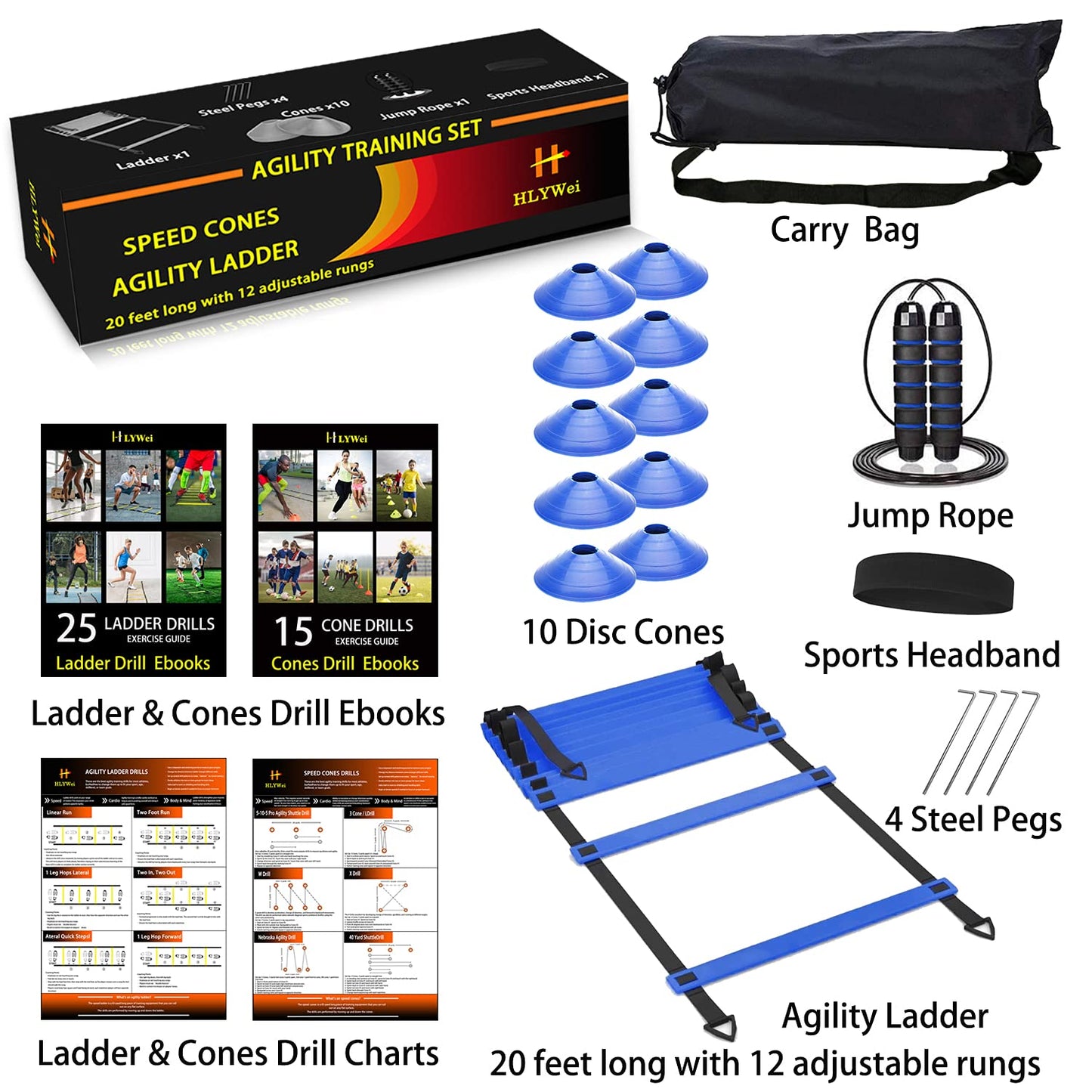 HLYWEI Speed Agility Training Set, Includes 1 Agility Ladder, 4 Steel Stakes, 1 Sports Headband,1 Jump Rope, 10 Disc Cones and Gym Carry Bag - Speed Training Equipment for Soccer Football Basketball