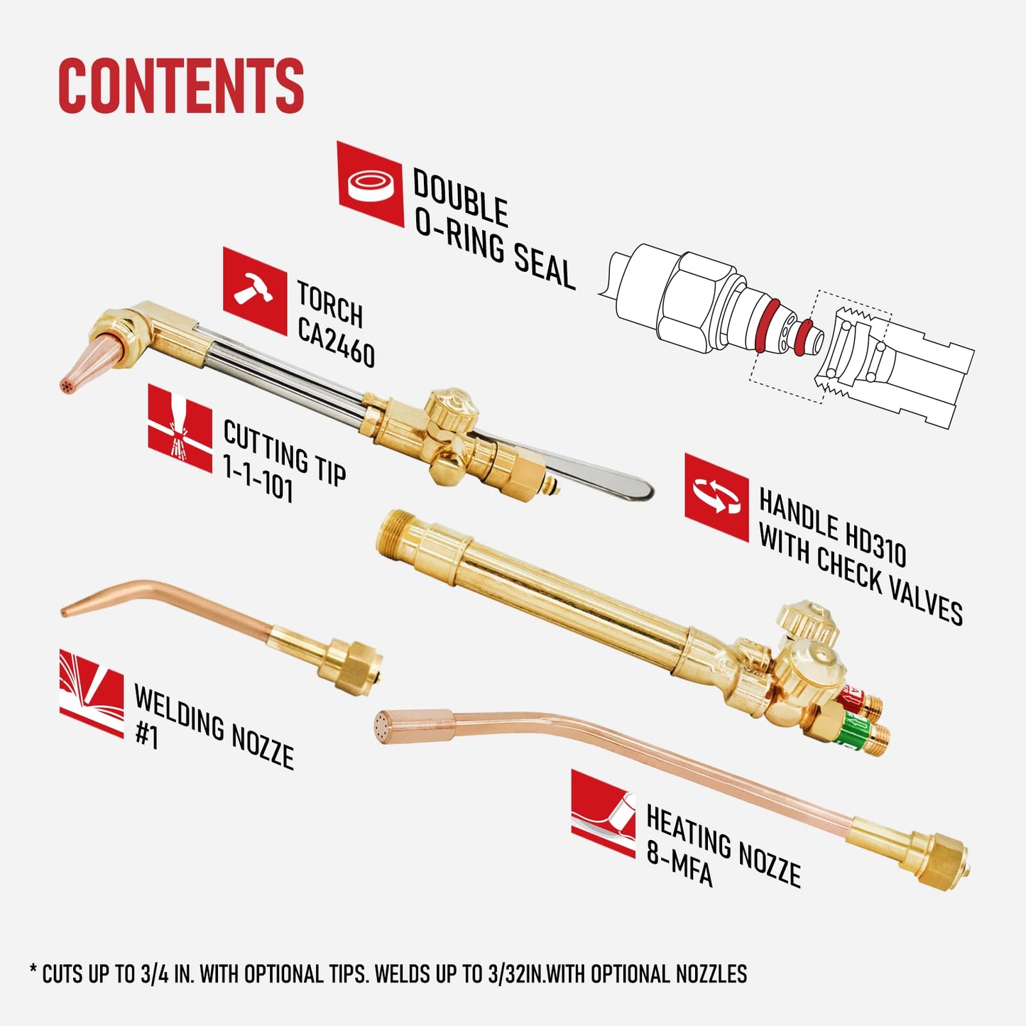 RX WELD Heavy Duty Oxy Acetylene Torch with Check Valves, Cutting Tip 1-1-101 and 8-MFA Heating Nozzle, CA2460 Cutting Attachment