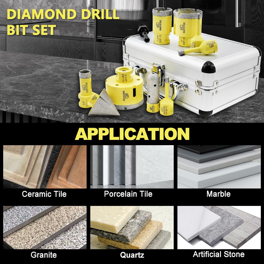 Diamond Core Drill Bits Set 10PCS - DARTOTEK Tile Hole Saw Kit (6/6/8/20/35/50/65mm/20mm/2 SDS for Porcelain, Ceramic Tile, Granite, Marble, Masonry