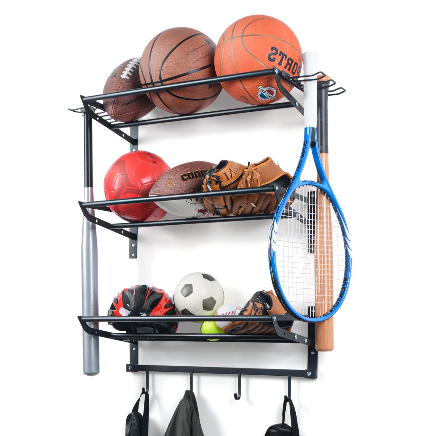 XCSOURCE Sports Equipment Organizer, 3-Tier Ball Storage Rack with Bat & Racket Holders, Wall Mounted Garage Sports Gear Storage Shelf with 4 Hooks for Balls, Helmets & Accessories (Glossy Black)
